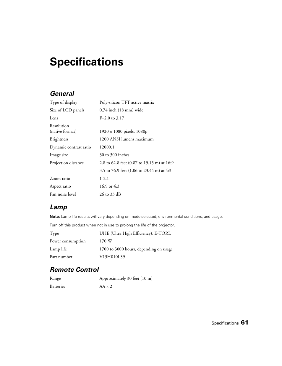 Specifications, General, Lamp | Remote control | Epson 1080 User Manual | Page 61 / 76