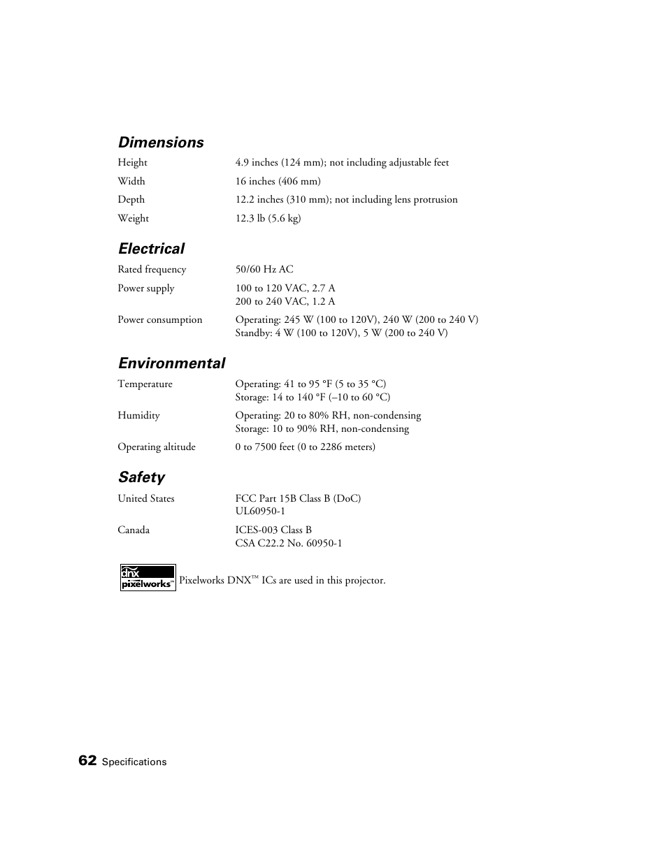 Dimensions, Electrical, Environmental | Safety | Epson 1080 User Manual | Page 62 / 76