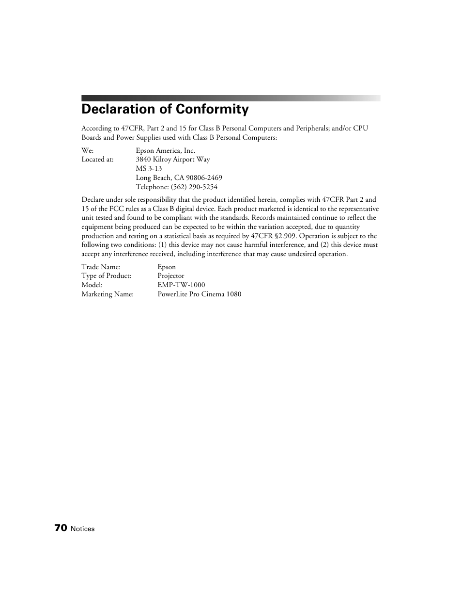 Declaration of conformity | Epson 1080 User Manual | Page 70 / 76