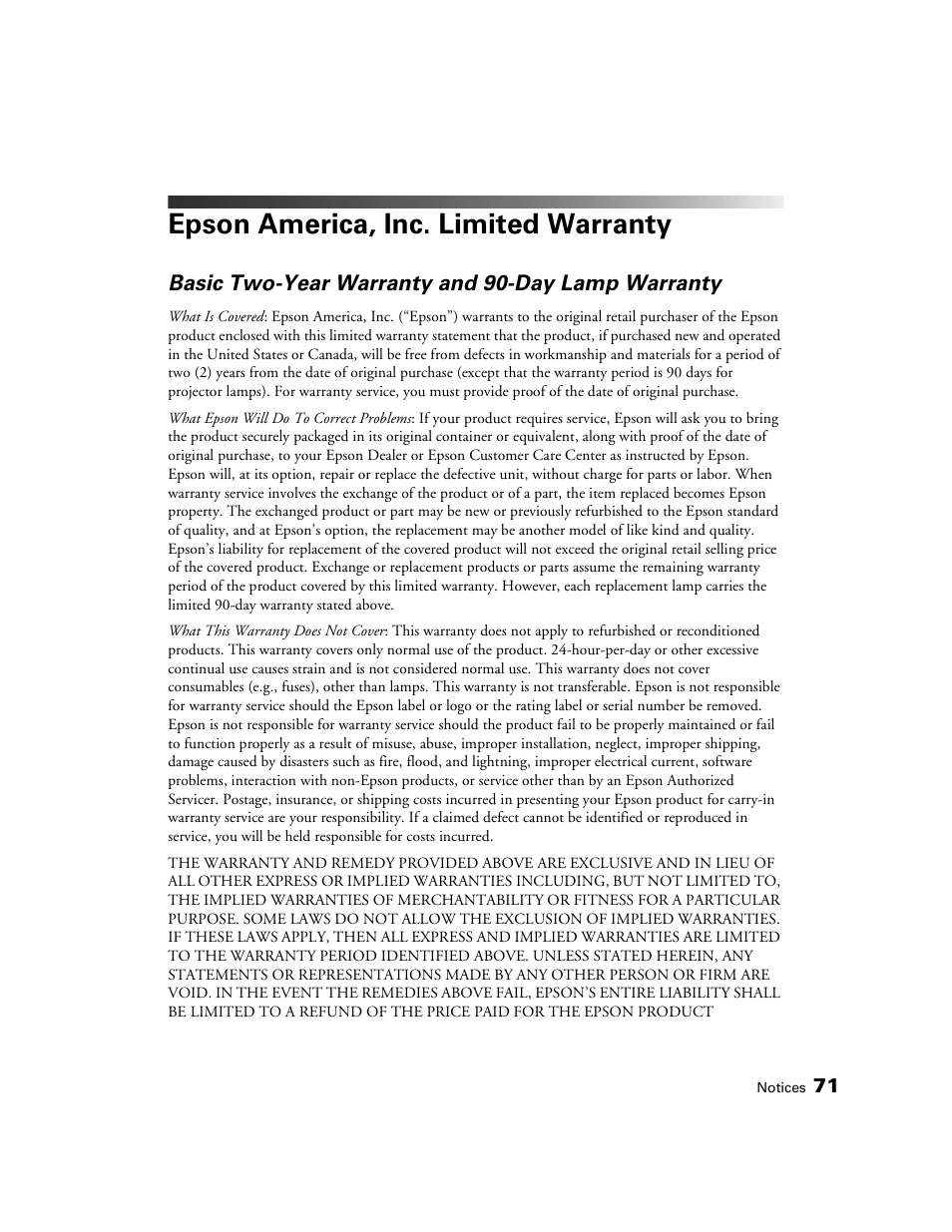 Epson america, inc. limited warranty, Warranty | Epson 1080 User Manual | Page 71 / 76