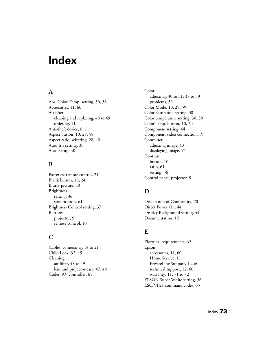 Index | Epson 1080 User Manual | Page 73 / 76