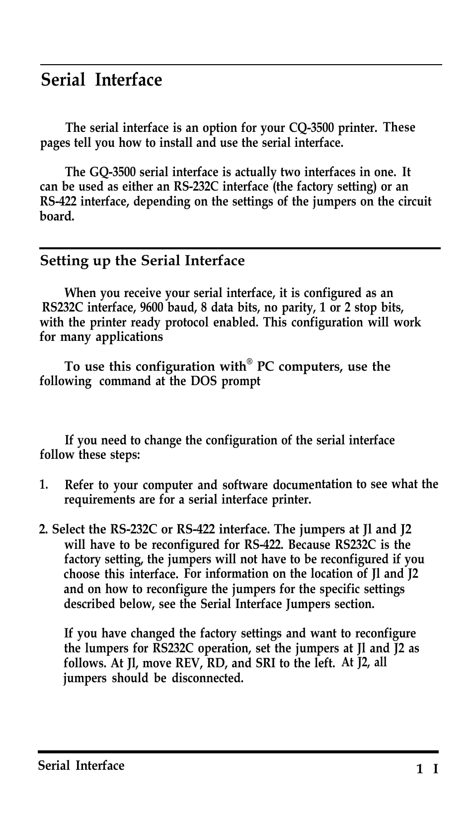 Serial interface, Setting up the serial interface | Epson Serial Interface GQ-3500 User Manual | Page 2 / 13