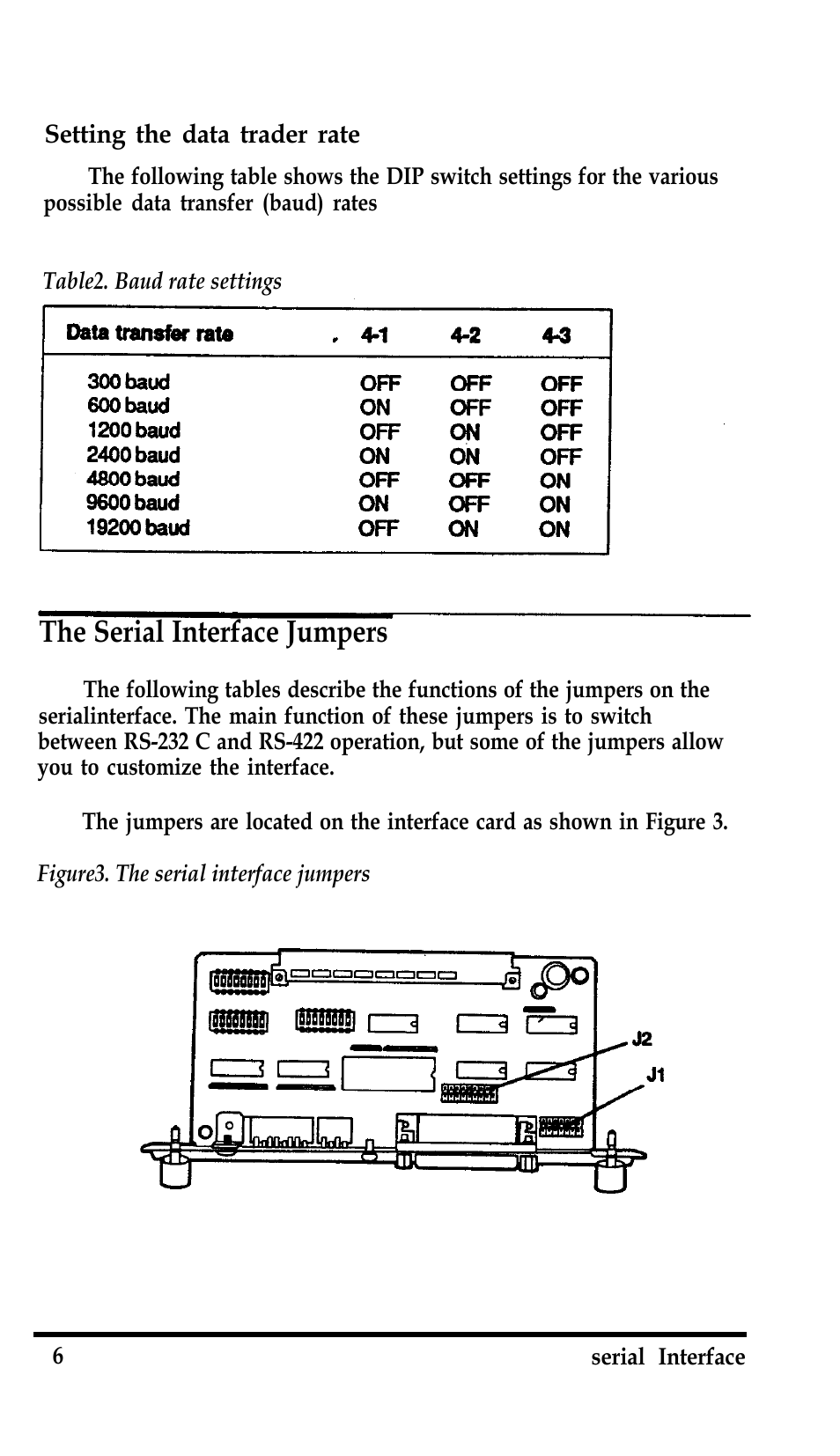 Setting the data trader rate, The serial interface jumpers | Epson Serial Interface GQ-3500 User Manual | Page 7 / 13