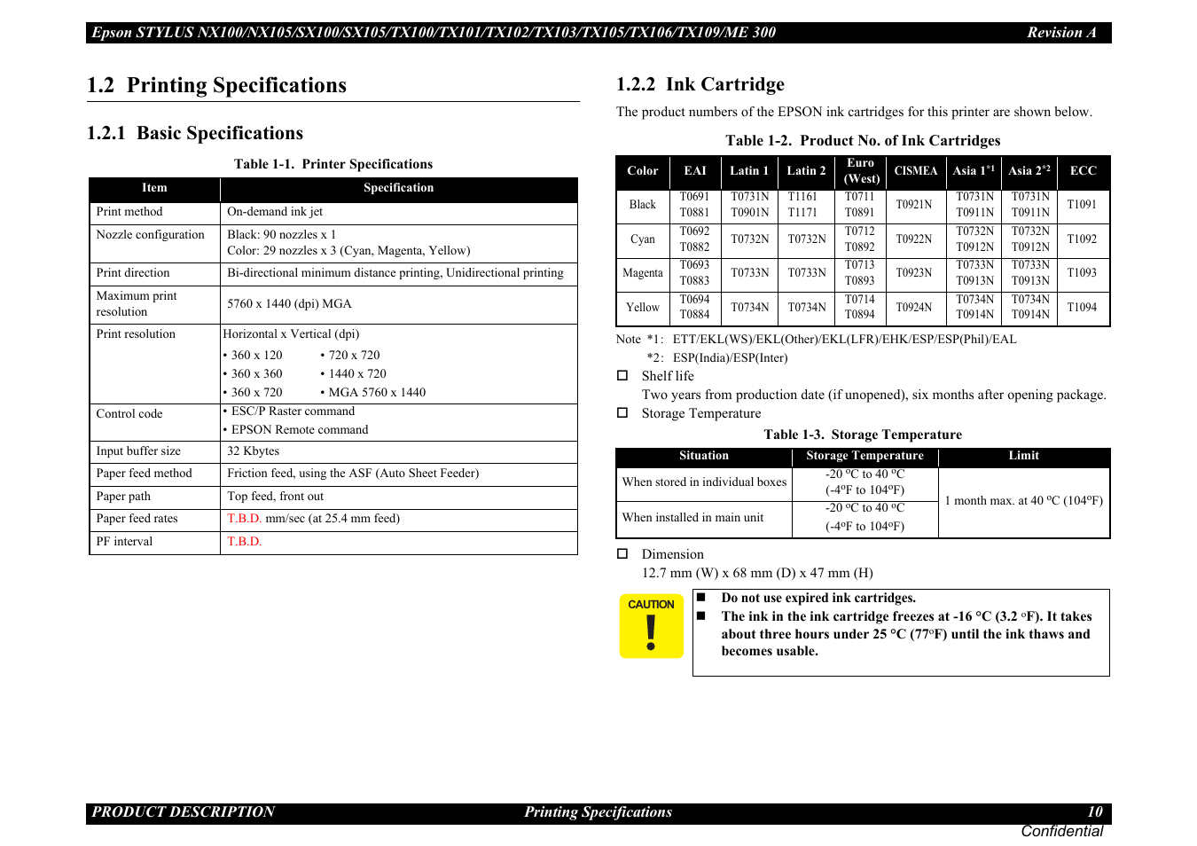 2 printing specifications, 1 basic specifications, 2 ink cartridge | 1 basic specifications 1.2.2 ink cartridge | Epson Stylus TX100 User Manual | Page 10 / 113