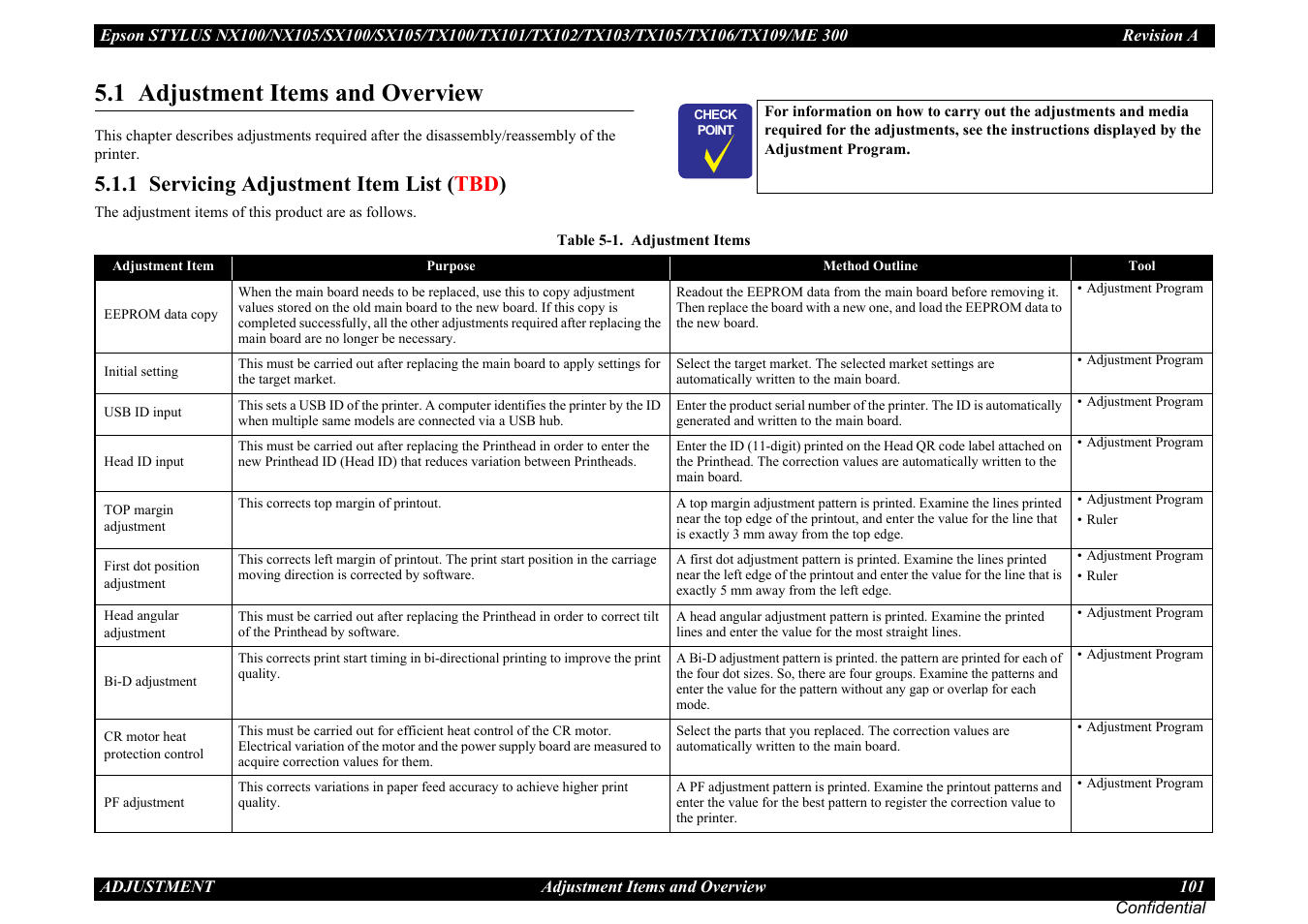 1 adjustment items and overview, 1 servicing adjustment item list (tbd), 1 servicing adjustment item list ( tbd ) | Epson Stylus TX100 User Manual | Page 101 / 113