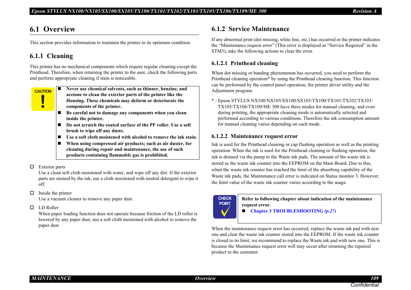 1 overview, 1 cleaning, 2 service maintenance | 1 cleaning 6.1.2 service maintenance | Epson Stylus TX100 User Manual | Page 109 / 113