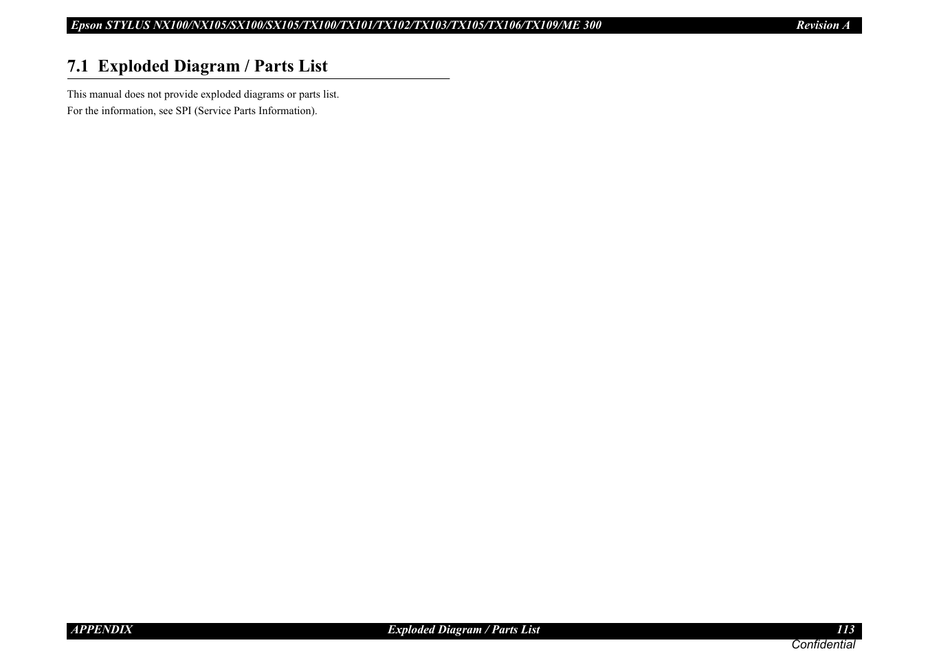 1 exploded diagram / parts list, Exploded diagram / parts list | Epson Stylus TX100 User Manual | Page 113 / 113