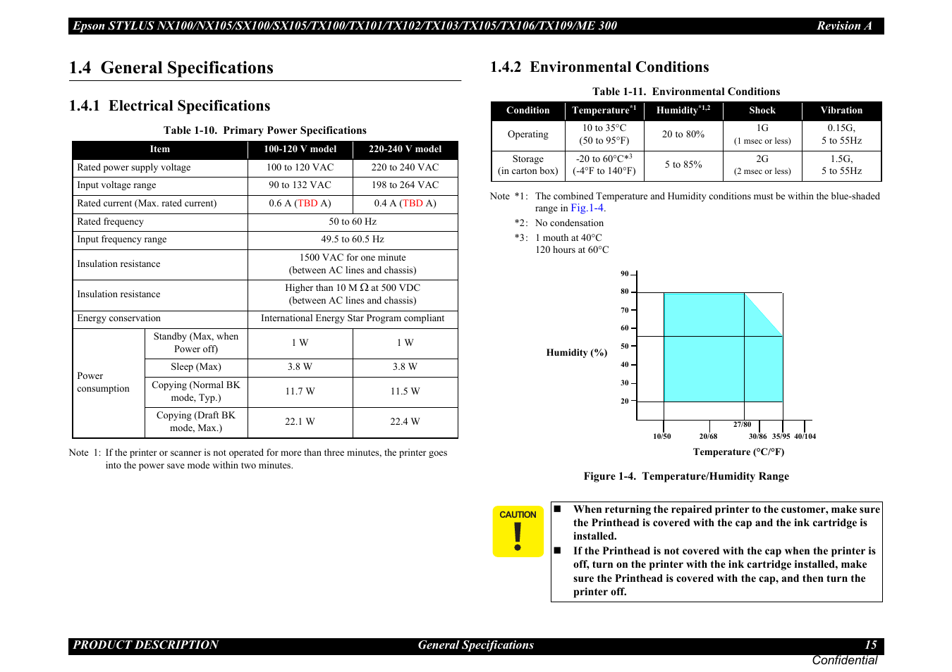 4 general specifications, 1 electrical specifications, 2 environmental conditions | Epson Stylus TX100 User Manual | Page 15 / 113