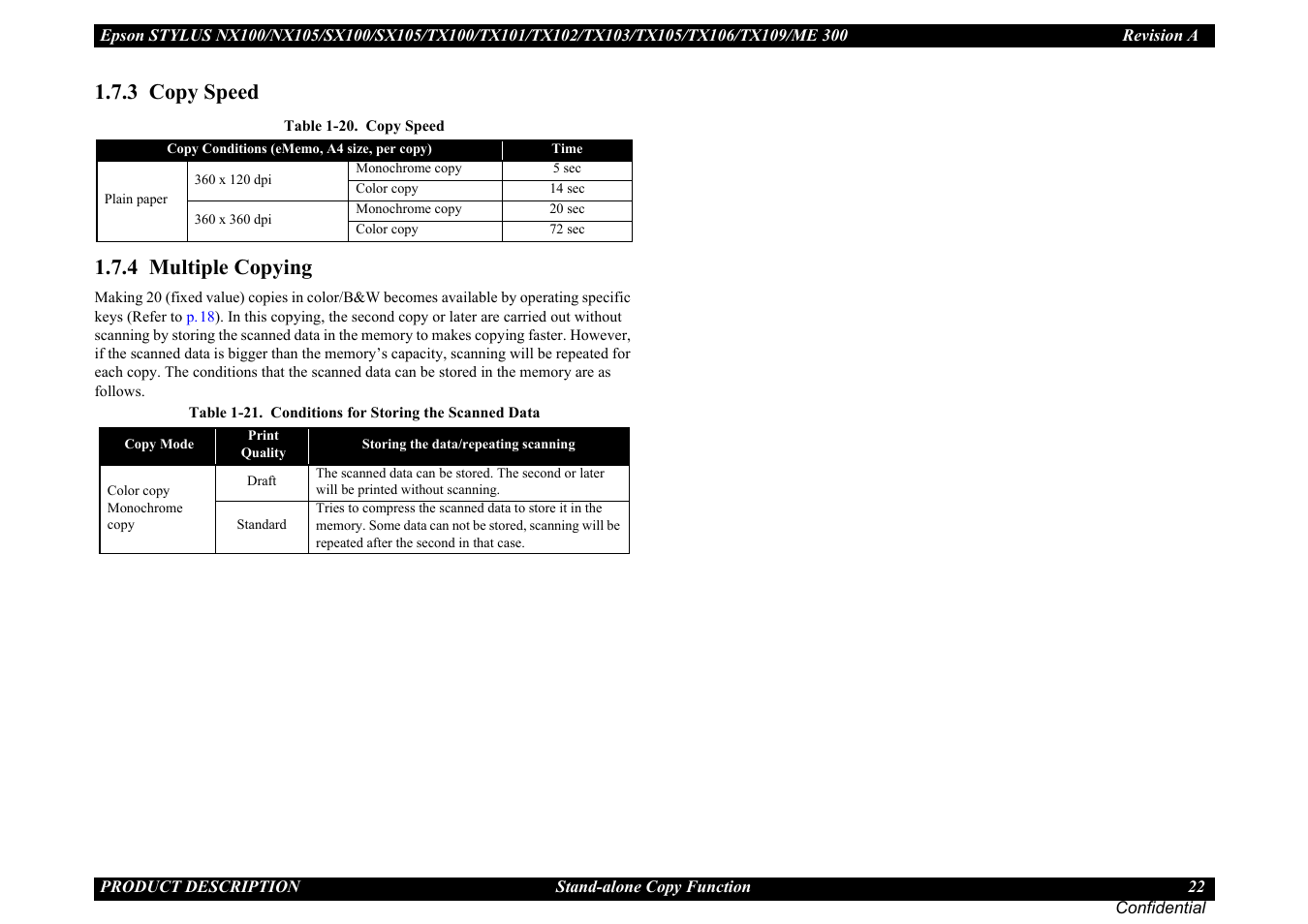 3 copy speed, 4 multiple copying, 3 copy speed 1.7.4 multiple copying | Epson Stylus TX100 User Manual | Page 22 / 113