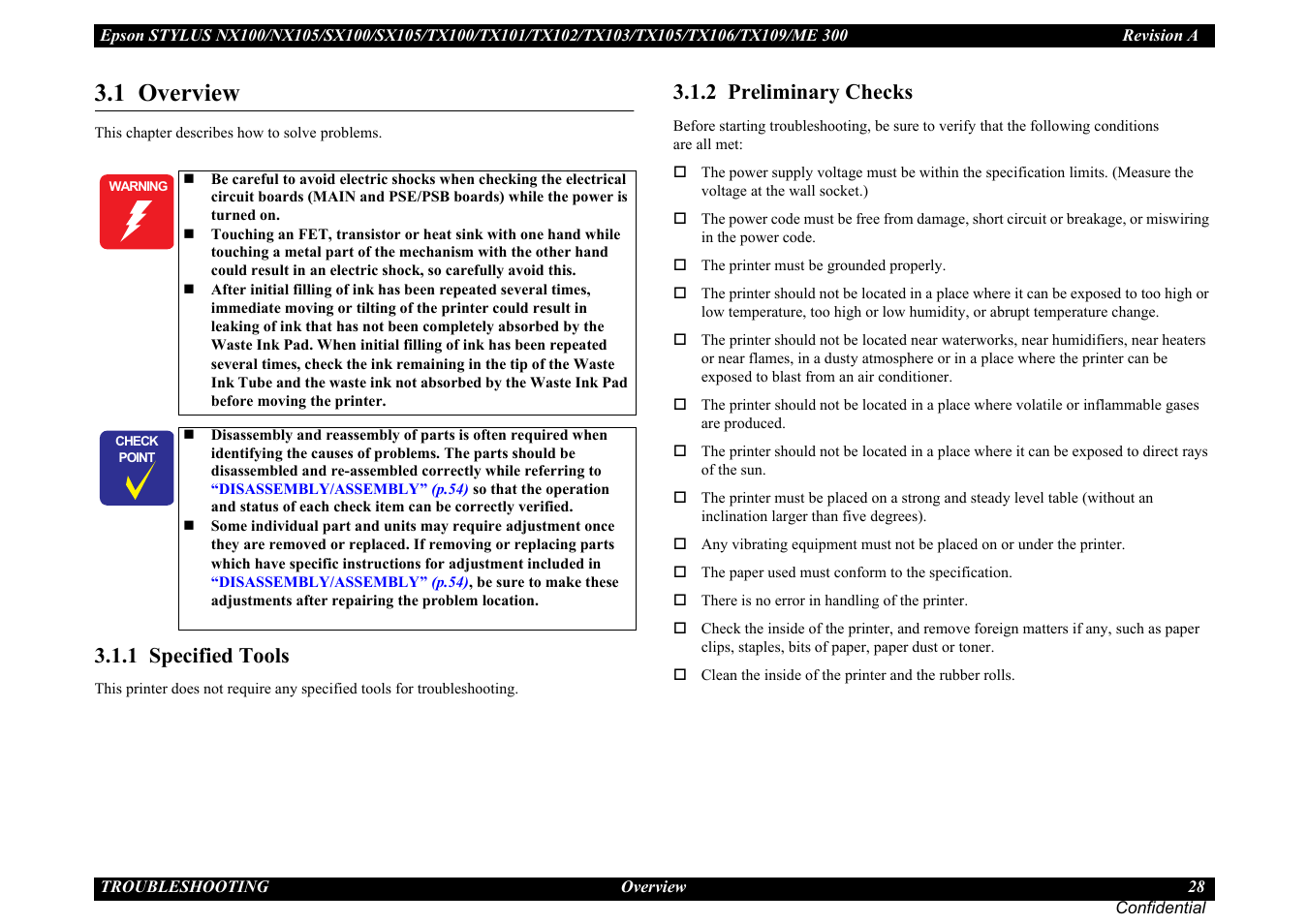 1 overview, 1 specified tools, 2 preliminary checks | Epson Stylus TX100 User Manual | Page 28 / 113