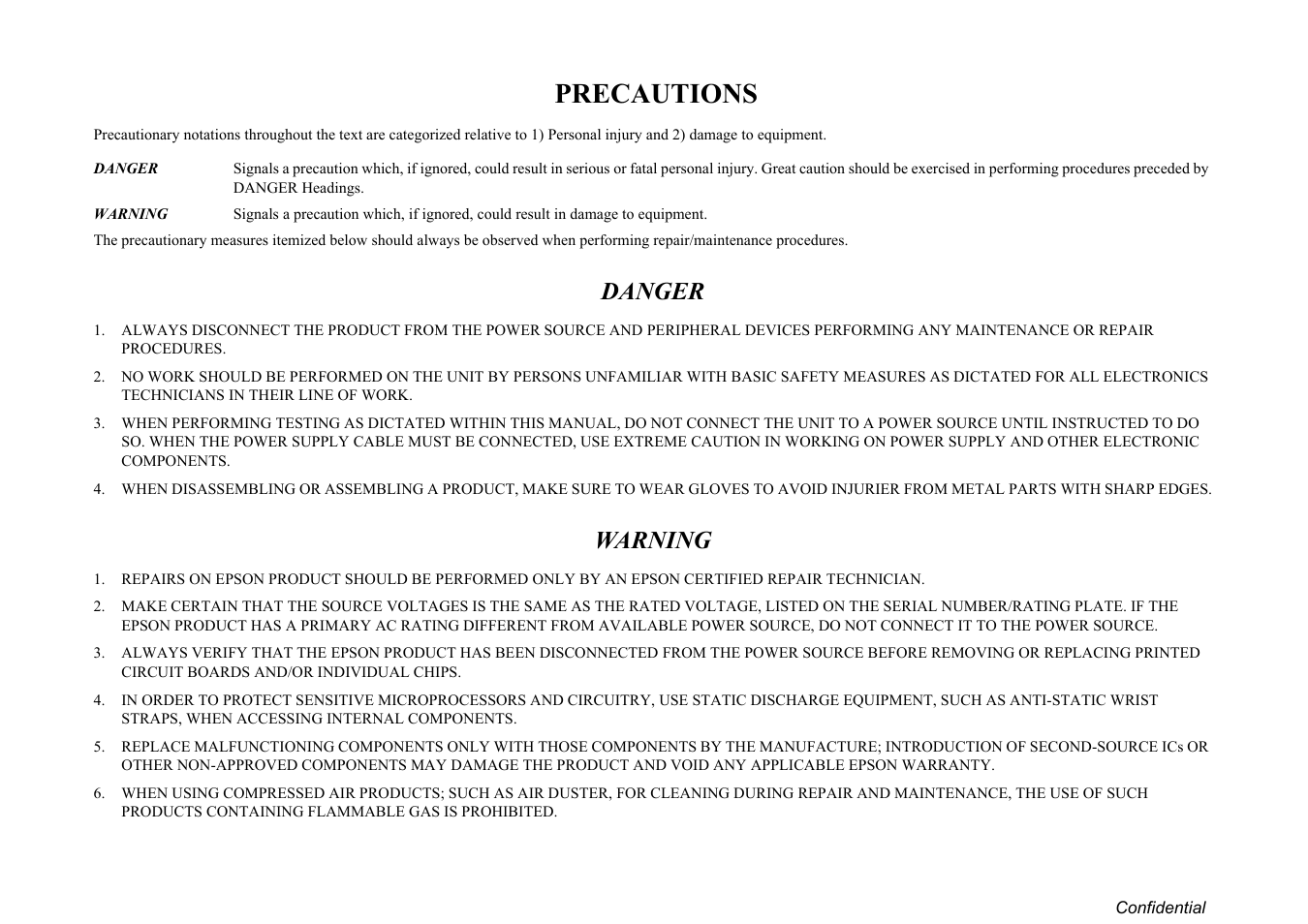 Precautions, Danger, Warning | Epson Stylus TX100 User Manual | Page 3 / 113