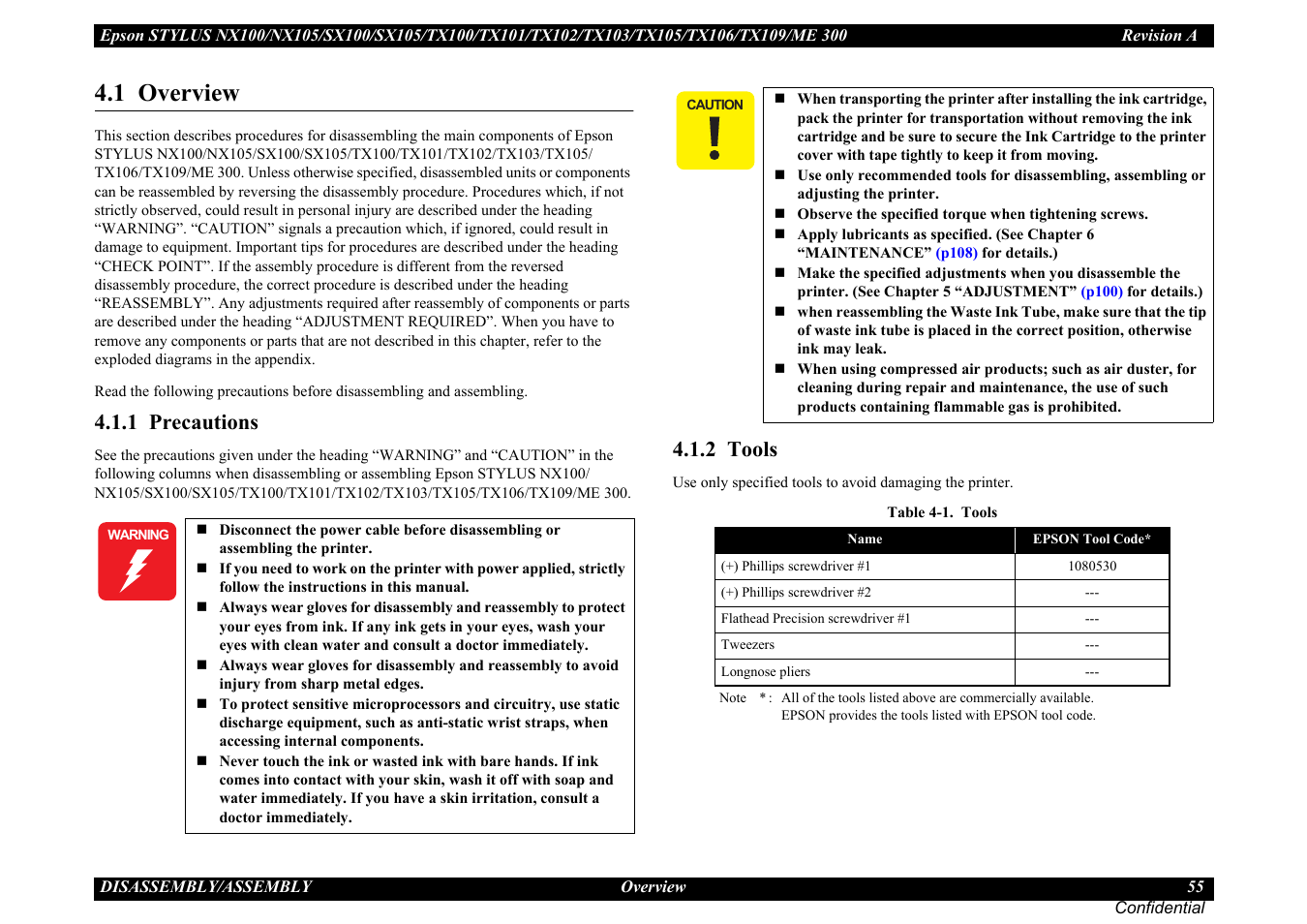 1 overview, 1 precautions, 2 tools | 1 precautions 4.1.2 tools | Epson Stylus TX100 User Manual | Page 55 / 113