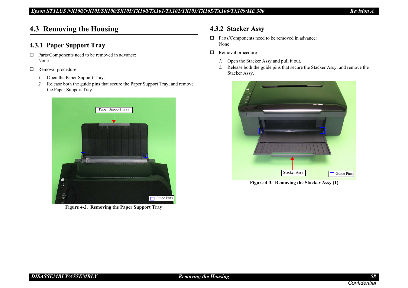 3 removing the housing, 1 paper support tray, 2 stacker assy | 1 paper support tray 4.3.2 stacker assy, 1 paper support, Tray ” (p58), P58) | Epson Stylus TX100 User Manual | Page 58 / 113