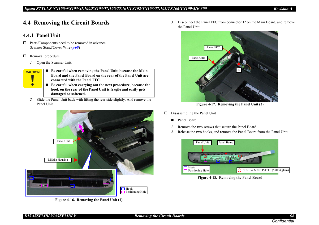 4 removing the circuit boards, 1 panel unit, 1 panel unit ” (p64) | P 64 | Epson Stylus TX100 User Manual | Page 64 / 113