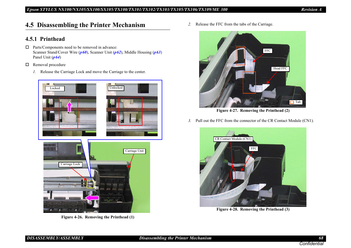 5 disassembling the printer mechanism, 1 printhead, 1 printhead ” (p68) | Epson Stylus TX100 User Manual | Page 68 / 113