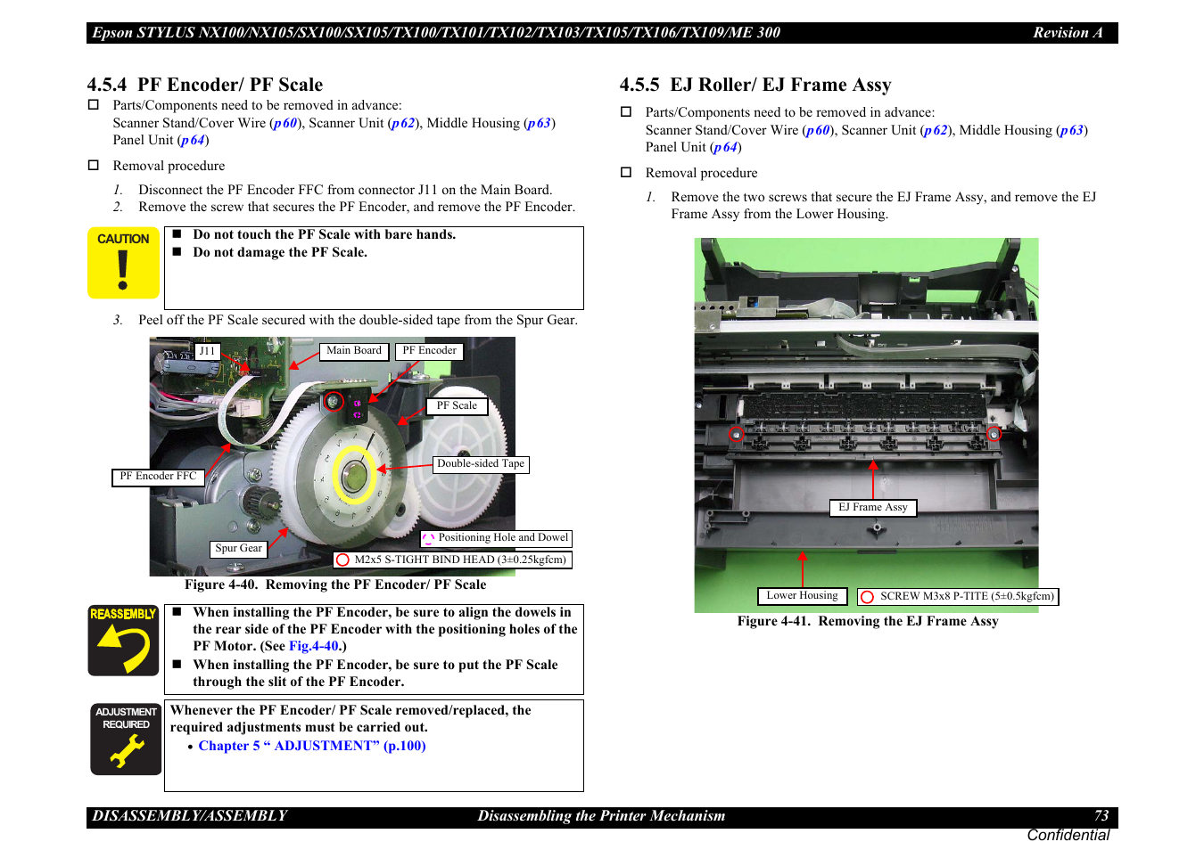 4 pf encoder/ pf scale, 5 ej roller/ ej frame assy, 5 ej roller/ ej | Frame assy ” (p73), 4 pf encoder, Pf scale ” (p73), 5 ej roller, Ej frame assy, P73) | Epson Stylus TX100 User Manual | Page 73 / 113