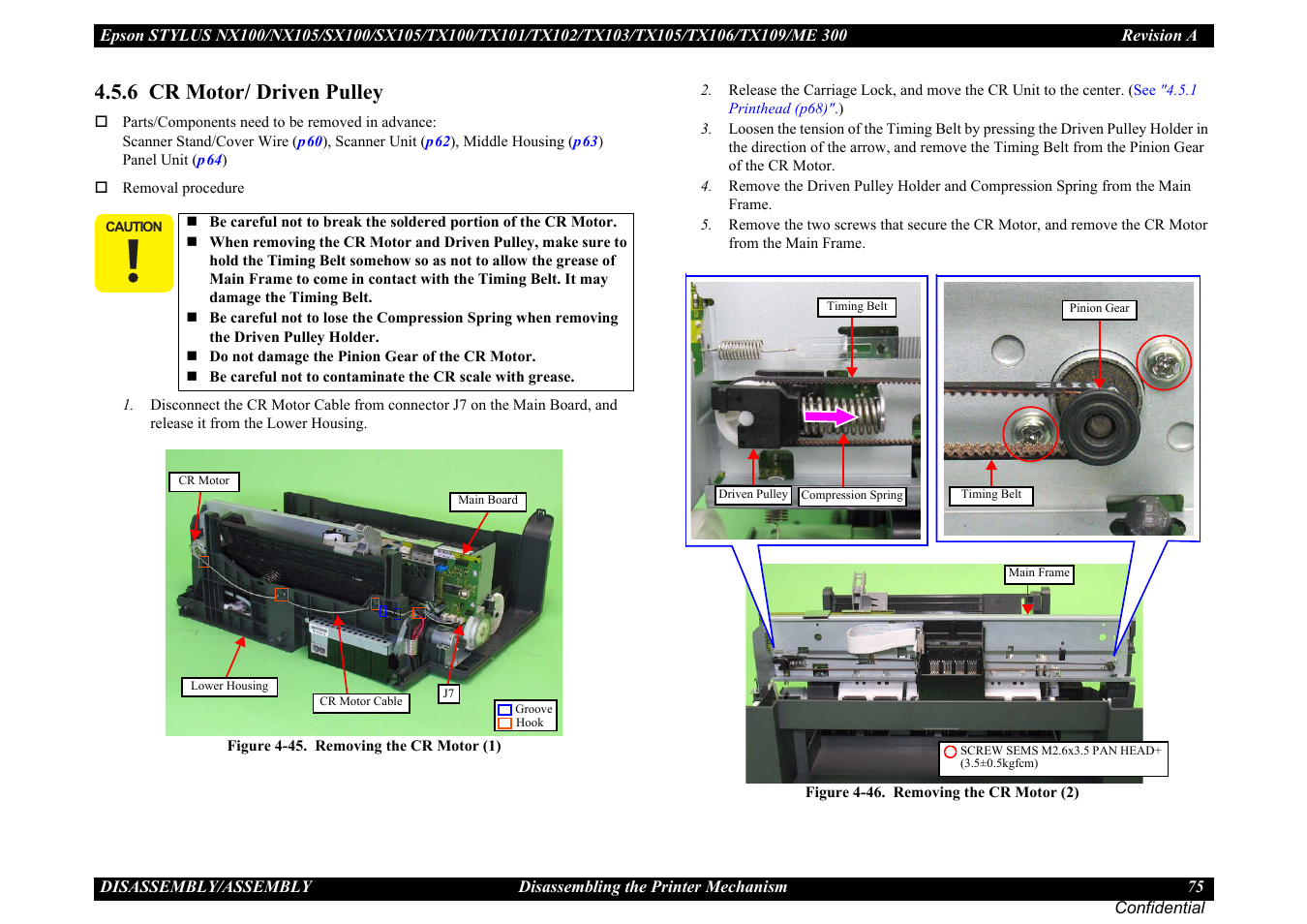 6 cr motor/ driven pulley, 6 cr motor, Driven pulley ” (p75) | Epson Stylus TX100 User Manual | Page 75 / 113