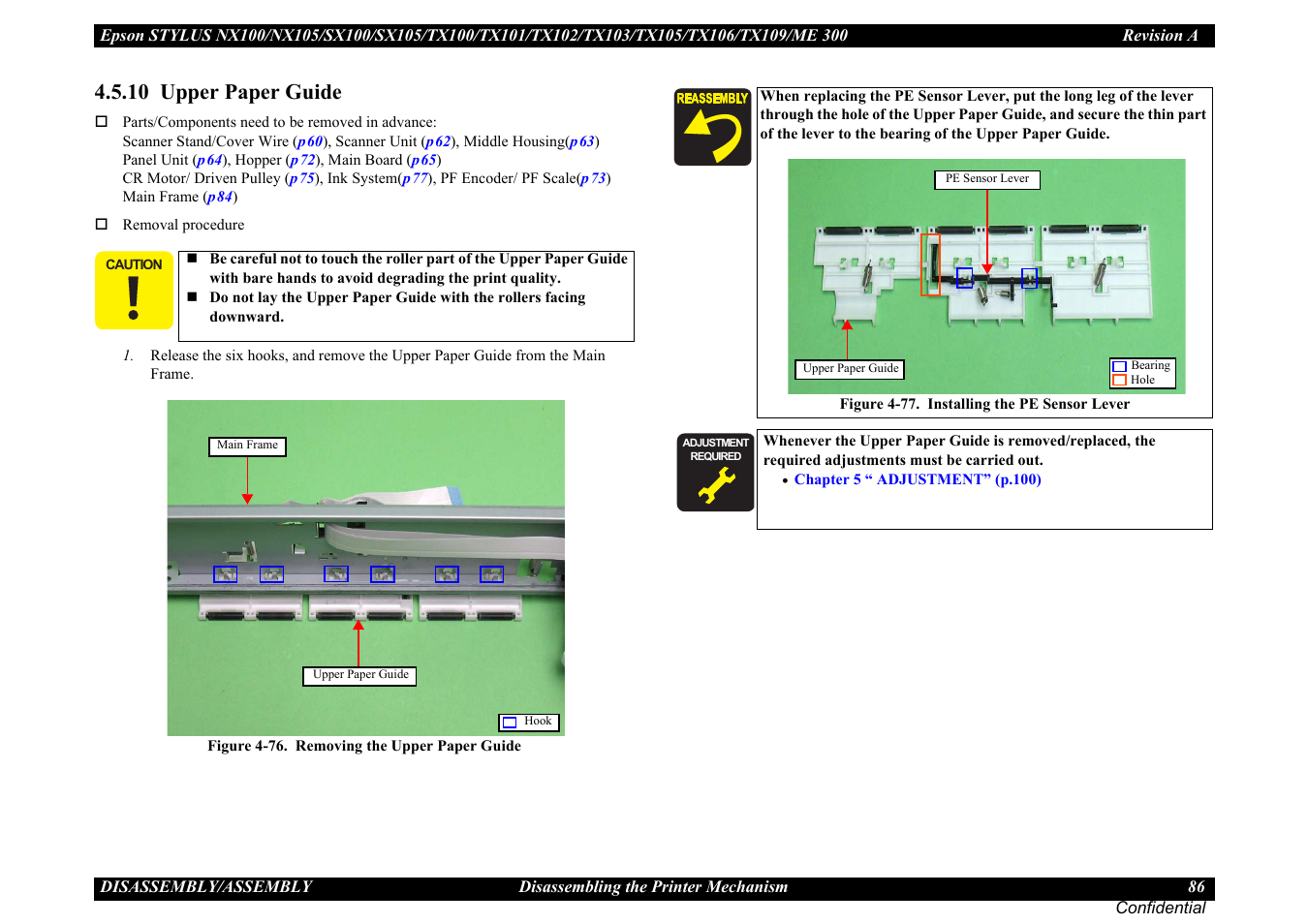 10 upper paper guide, 10 upper paper, Guide ” (p86) | Epson Stylus TX100 User Manual | Page 86 / 113