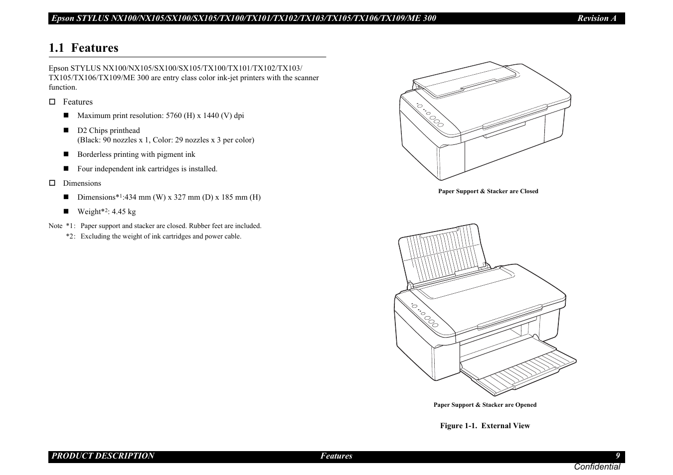 1 features | Epson Stylus TX100 User Manual | Page 9 / 113