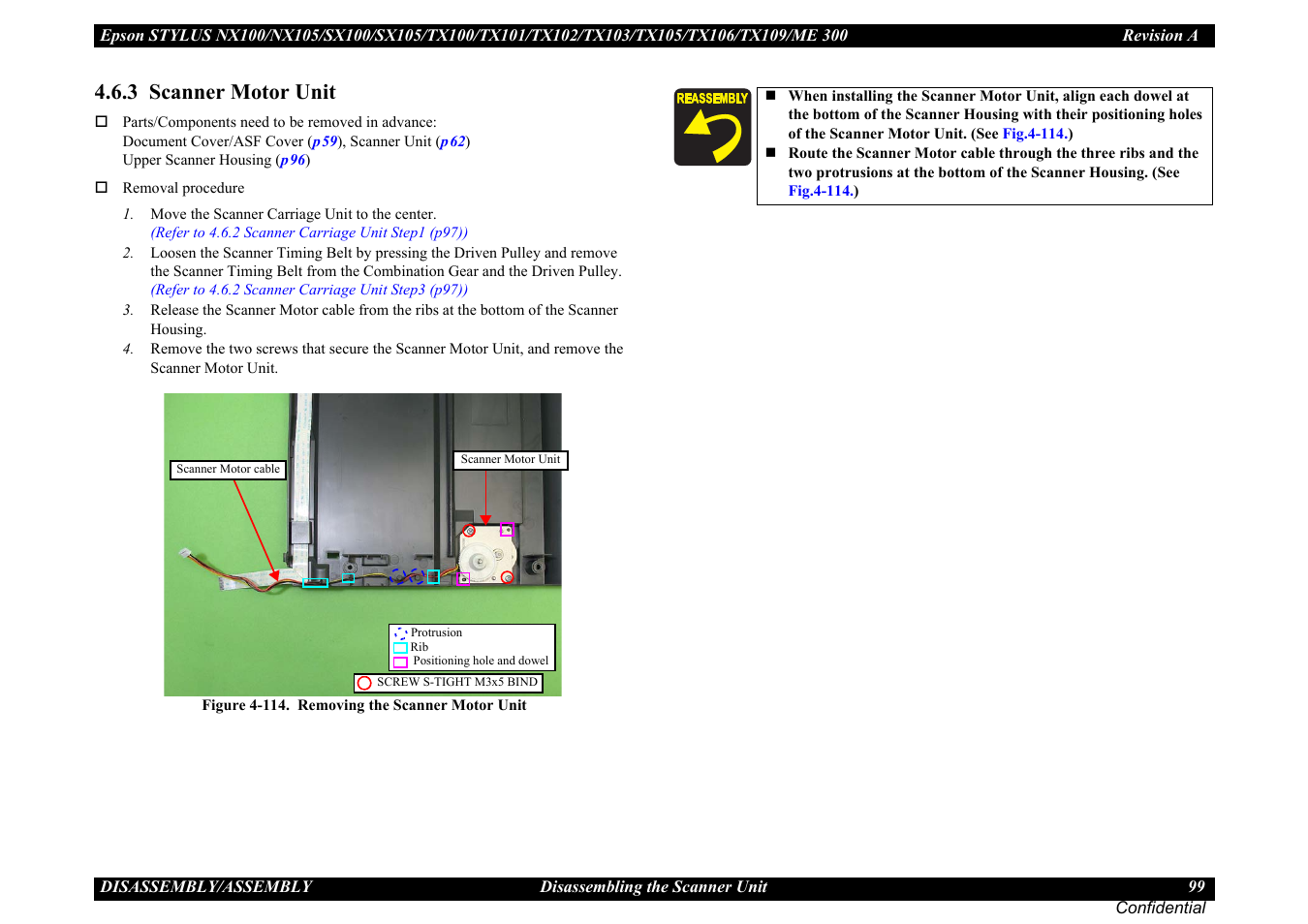 3 scanner motor unit, 3 scanner motor, Unit ” (p99) | Epson Stylus TX100 User Manual | Page 99 / 113