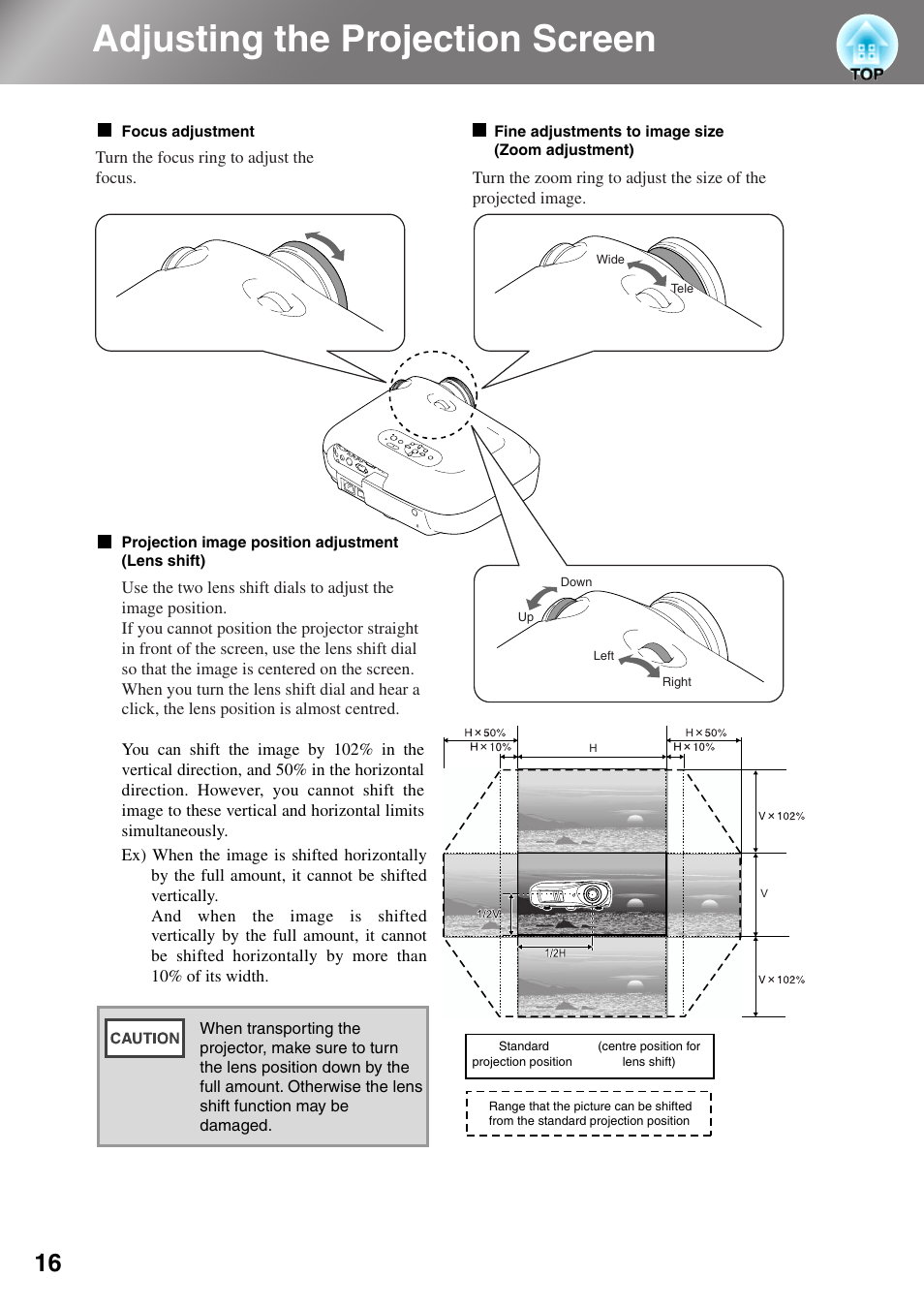 Adjusting the projection screen, Focus adjustment, Fine adjustments to image size (zoom adjustment) | Projection image position adjustment (lens shift) | Epson DREAMIO EMP-TW700 User Manual | Page 18 / 60