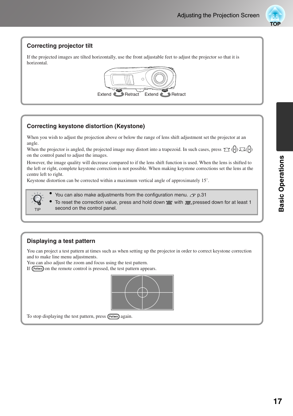 Correcting projector tilt, Correcting keystone distortion (keystone), Displaying a test pattern | Epson DREAMIO EMP-TW700 User Manual | Page 19 / 60