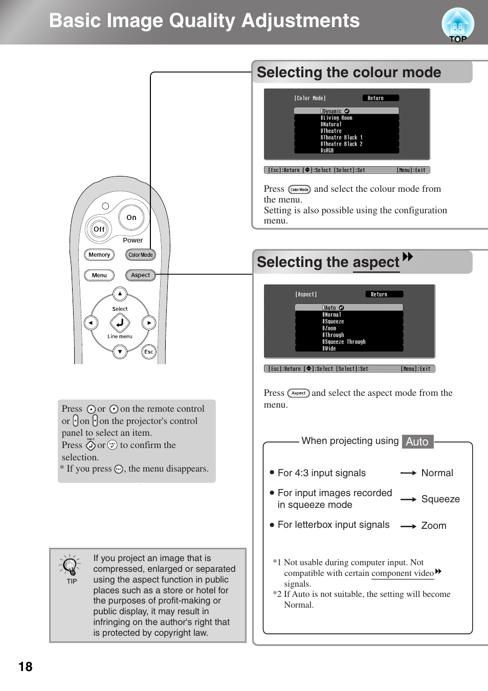 Basic image quality adjustments, Selecting the colour mode, Selecting the aspect | Selecting the colour mode selecting the aspect | Epson DREAMIO EMP-TW700 User Manual | Page 20 / 60