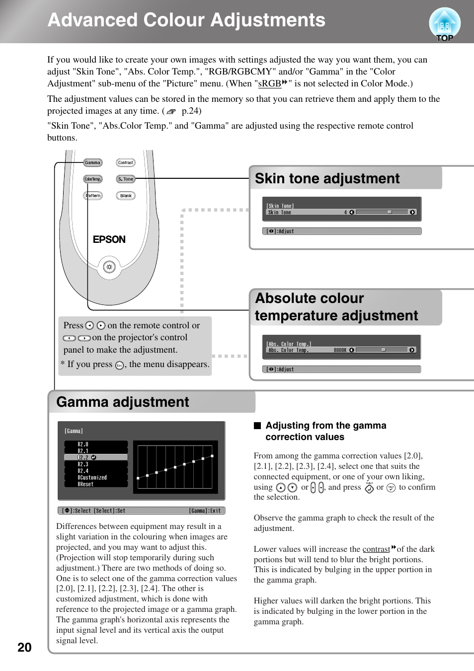 Advanced colour adjustments, Skin tone adjustment, Absolute colour temperature adjustment | Gamma adjustment | Epson DREAMIO EMP-TW700 User Manual | Page 22 / 60
