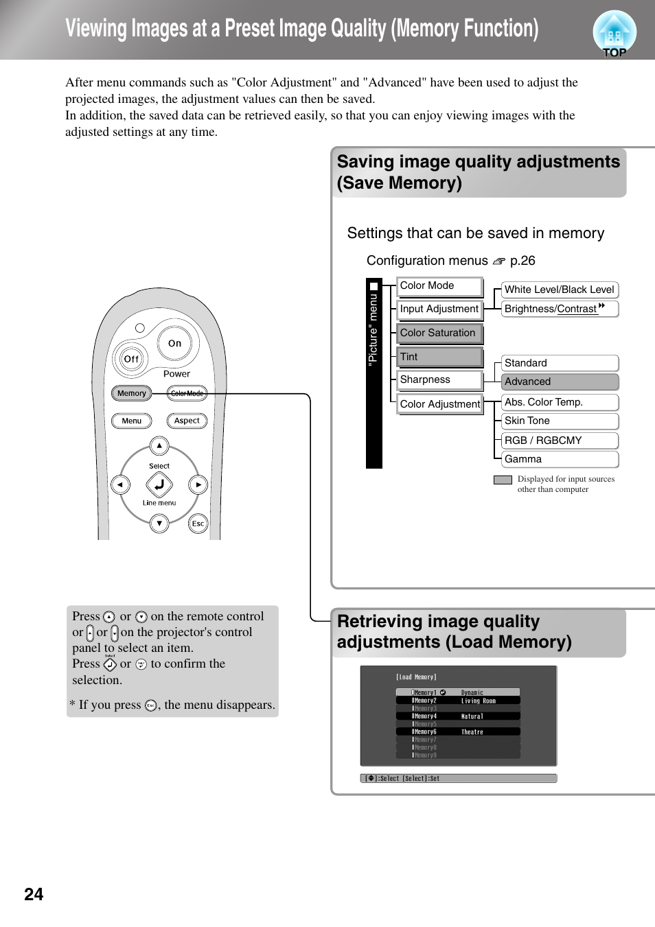 Saving image quality adjustments (save memory), Retrieving image quality adjustments (load memory) | Epson DREAMIO EMP-TW700 User Manual | Page 26 / 60