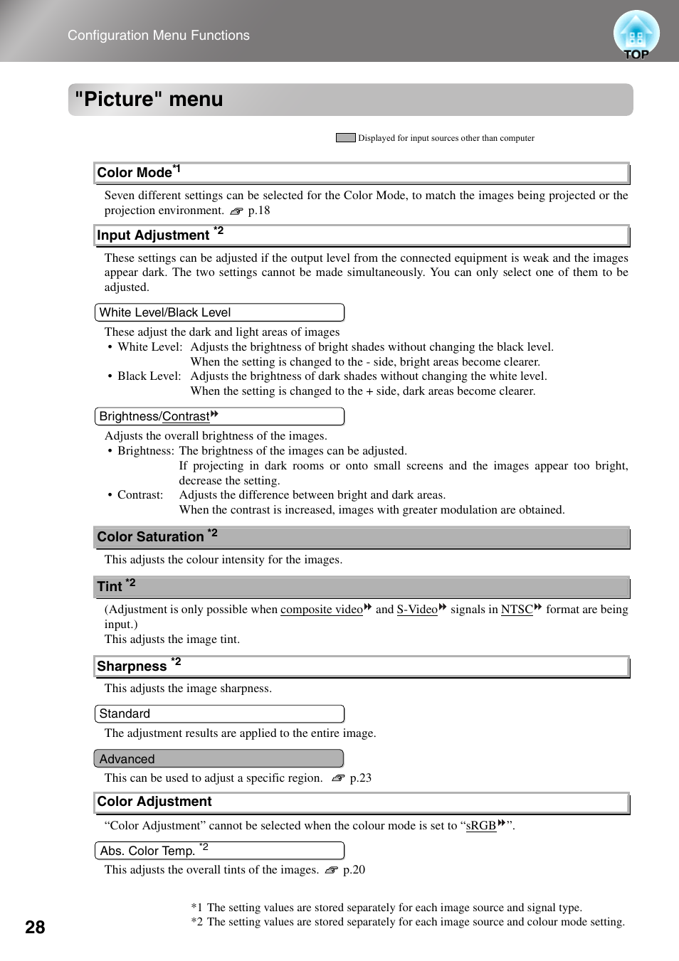 Picture" menu | Epson DREAMIO EMP-TW700 User Manual | Page 30 / 60