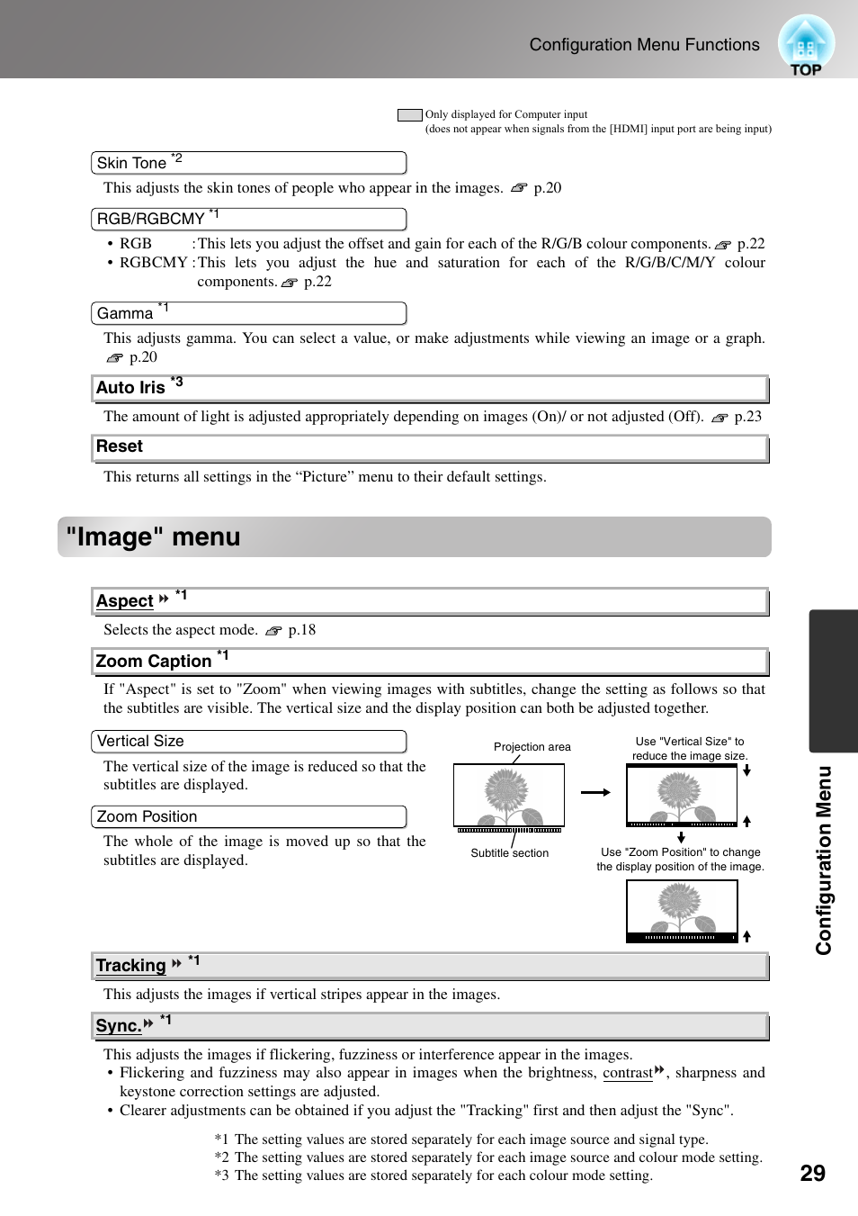 Image" menu, Config uratio n men u | Epson DREAMIO EMP-TW700 User Manual | Page 31 / 60