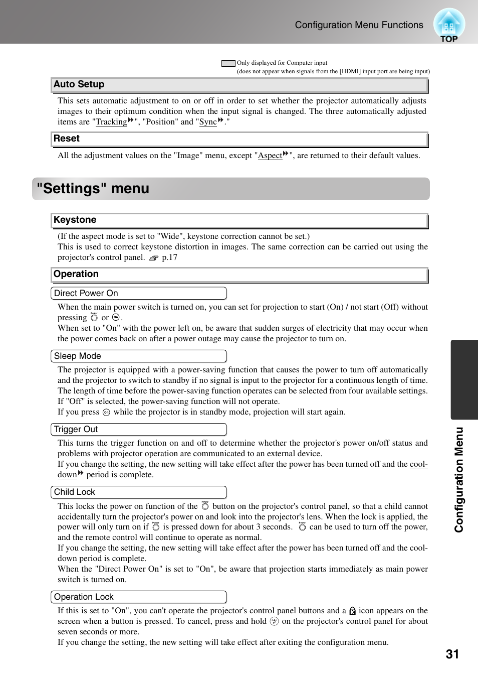 Settings" menu, Config uratio n men u | Epson DREAMIO EMP-TW700 User Manual | Page 33 / 60