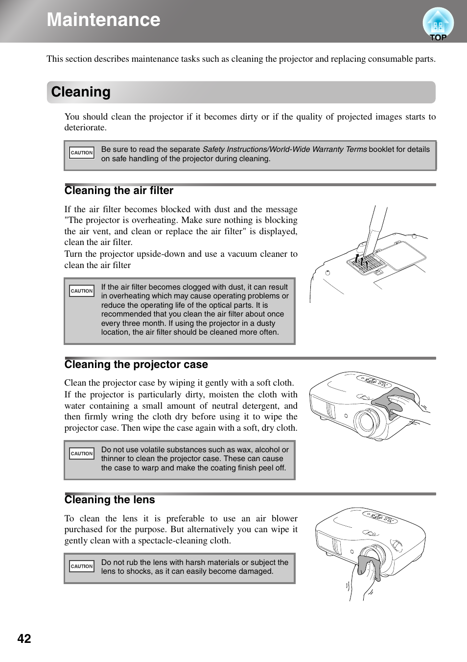 Maintenance, Cleaning, Cleaning the air filter | Cleaning the projector case, Cleaning the lens | Epson DREAMIO EMP-TW700 User Manual | Page 44 / 60