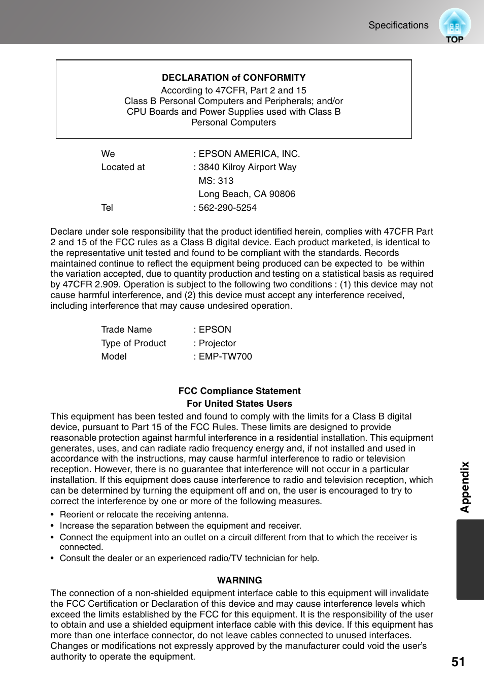 Appendi x | Epson DREAMIO EMP-TW700 User Manual | Page 53 / 60