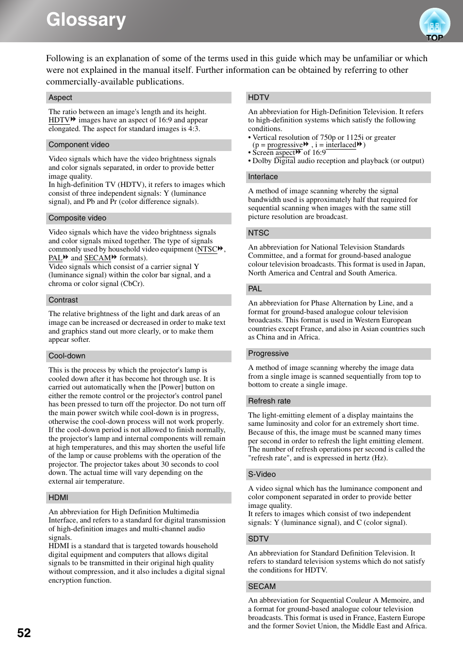 Glossary | Epson DREAMIO EMP-TW700 User Manual | Page 54 / 60