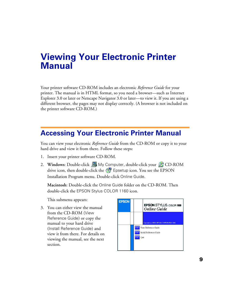 Viewing your electronic printer manual, Accessing your electronic printer manual | Epson 1160 User Manual | Page 14 / 73