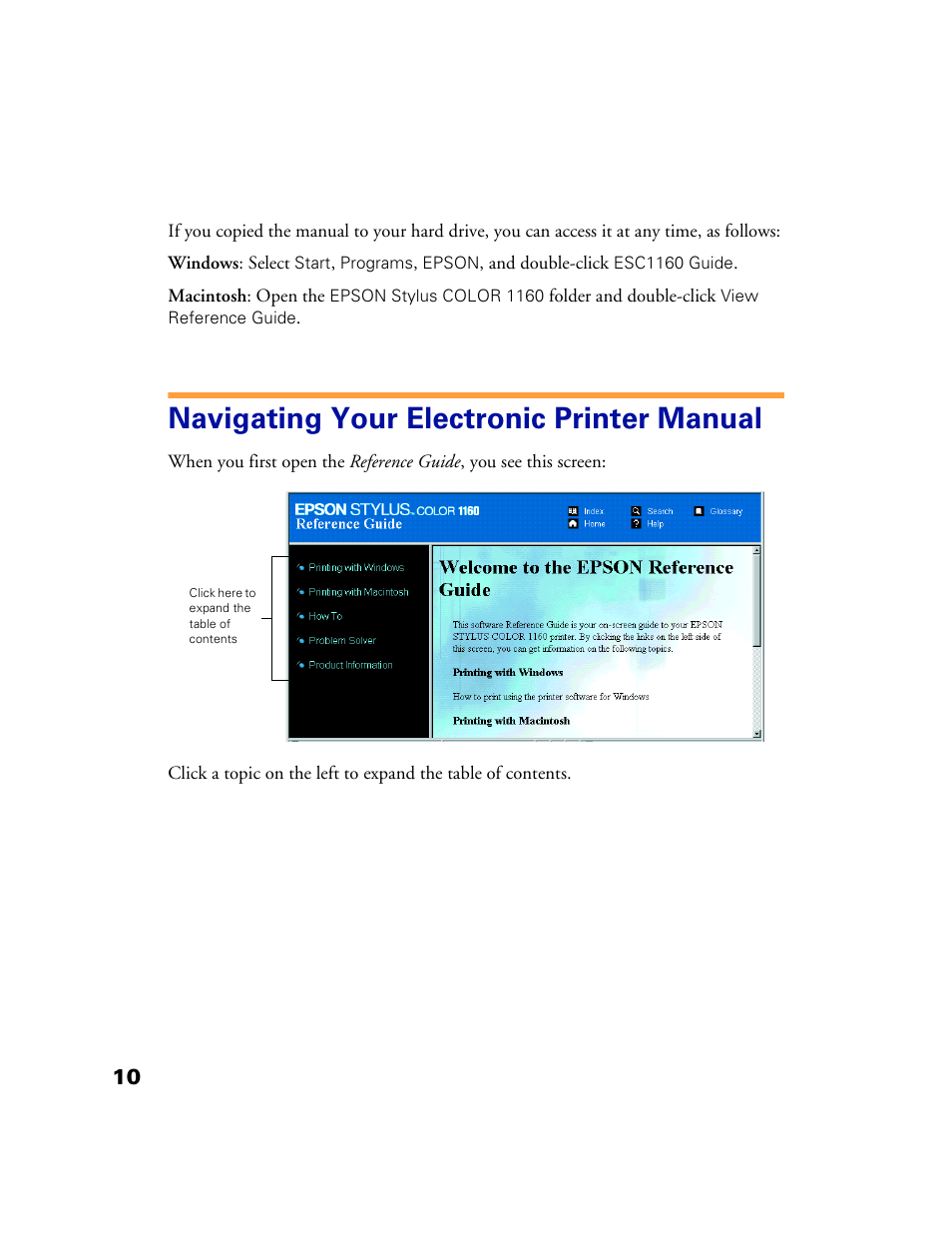 Navigating your electronic printer manual | Epson 1160 User Manual | Page 15 / 73