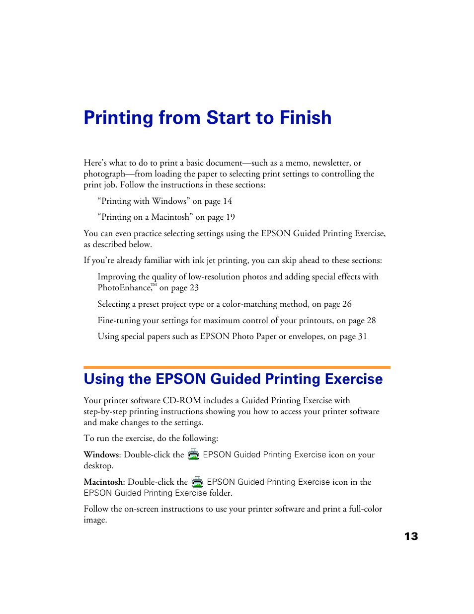 Printing from start to finish, Using the epson guided printing exercise | Epson 1160 User Manual | Page 18 / 73
