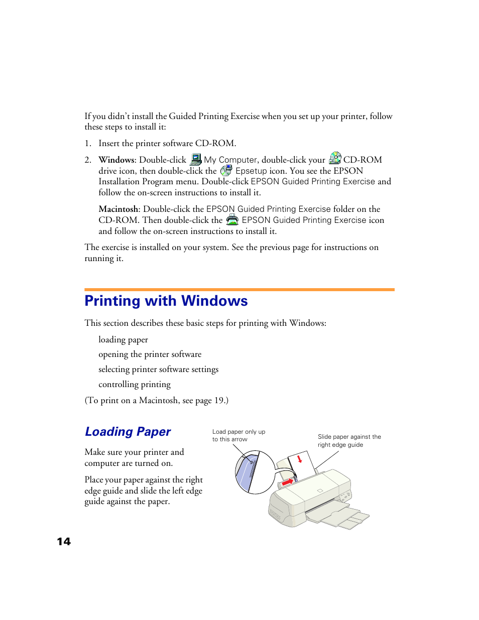Printing with windows, Loading paper | Epson 1160 User Manual | Page 19 / 73