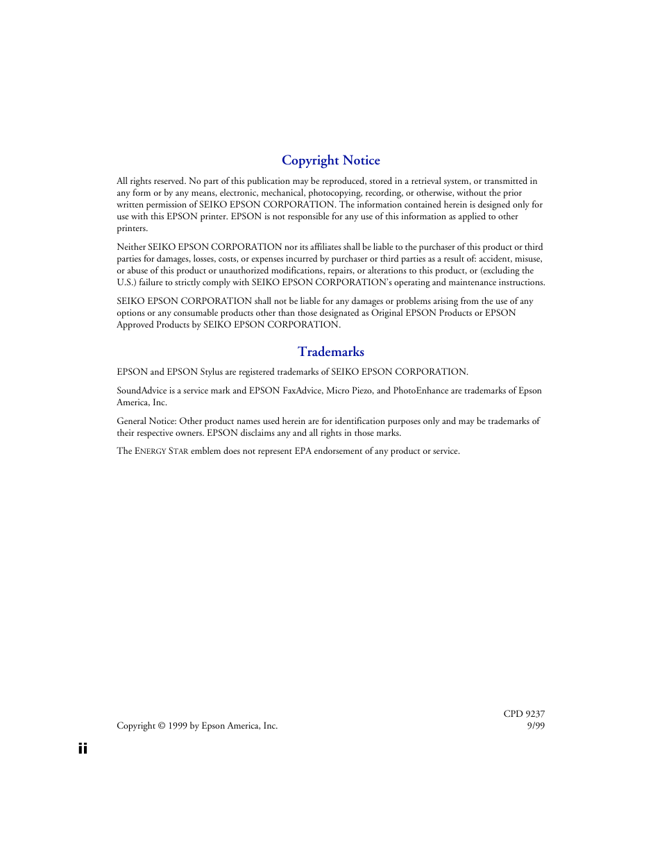 Copyright notice, Trademarks | Epson 1160 User Manual | Page 2 / 73