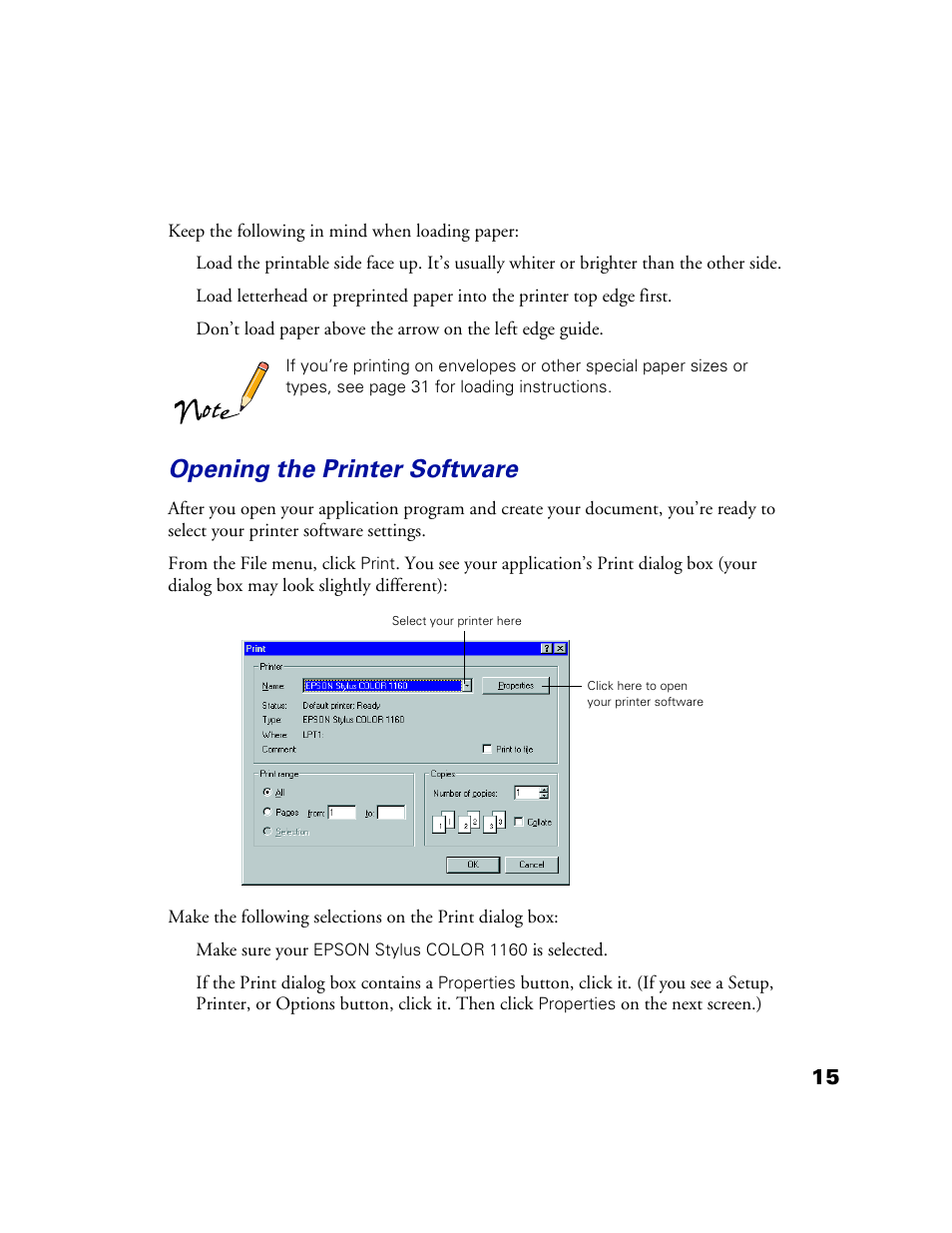 Opening the printer software | Epson 1160 User Manual | Page 20 / 73