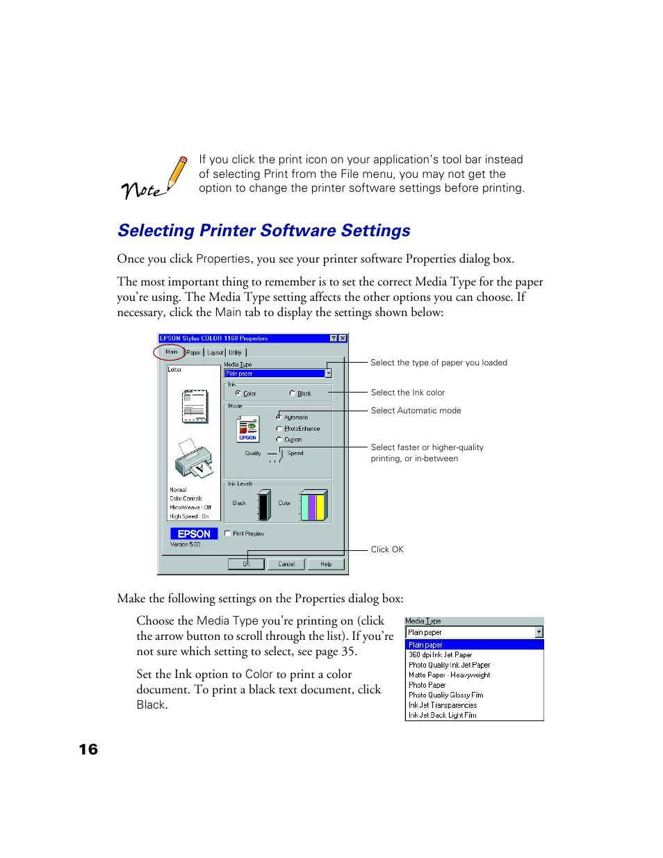 Selecting printer software settings | Epson 1160 User Manual | Page 21 / 73