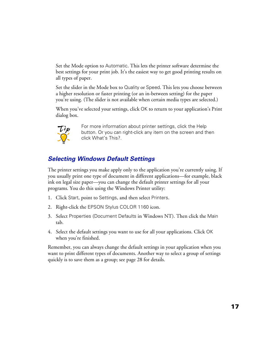 Selecting windows default settings | Epson 1160 User Manual | Page 22 / 73