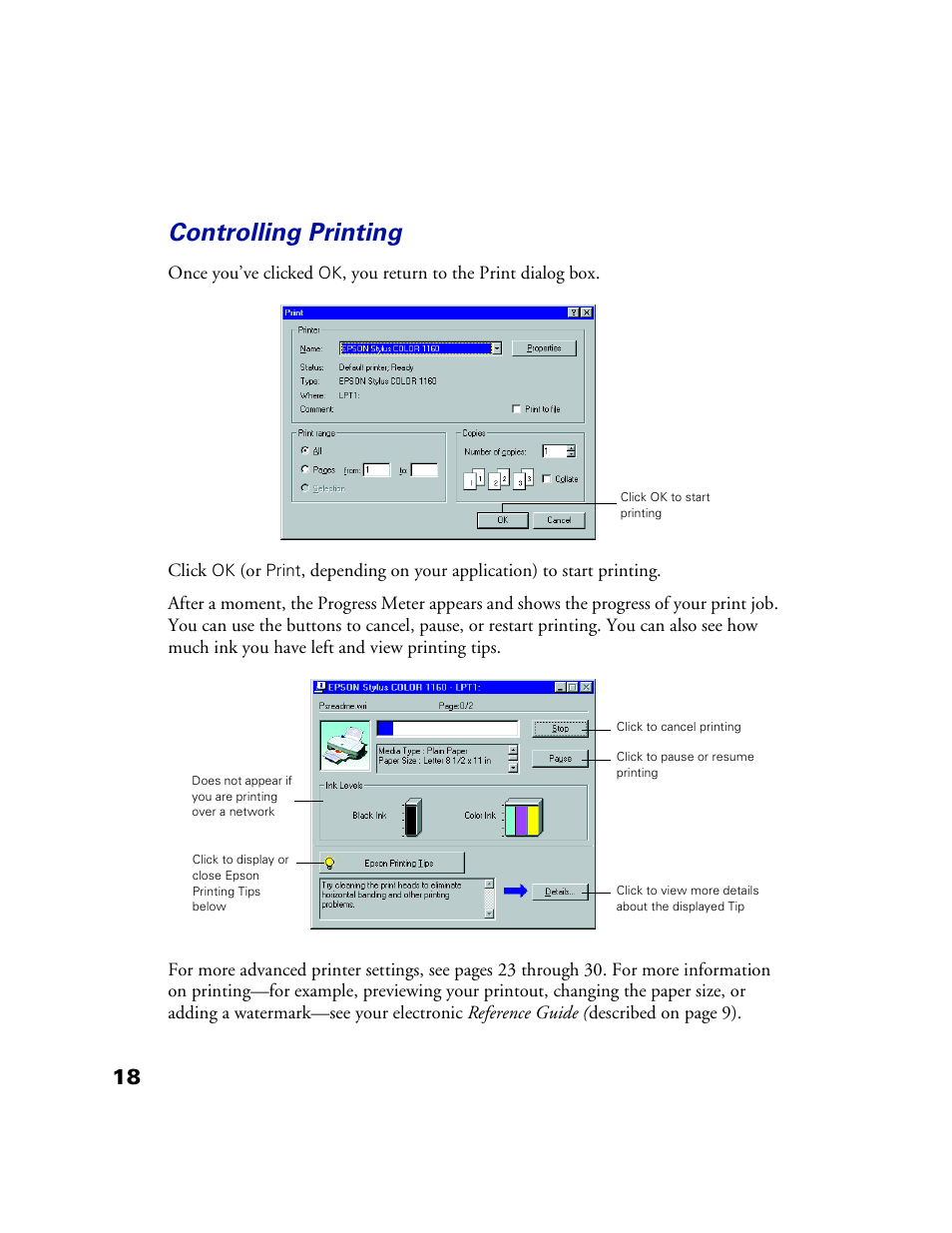 Controlling printing | Epson 1160 User Manual | Page 23 / 73