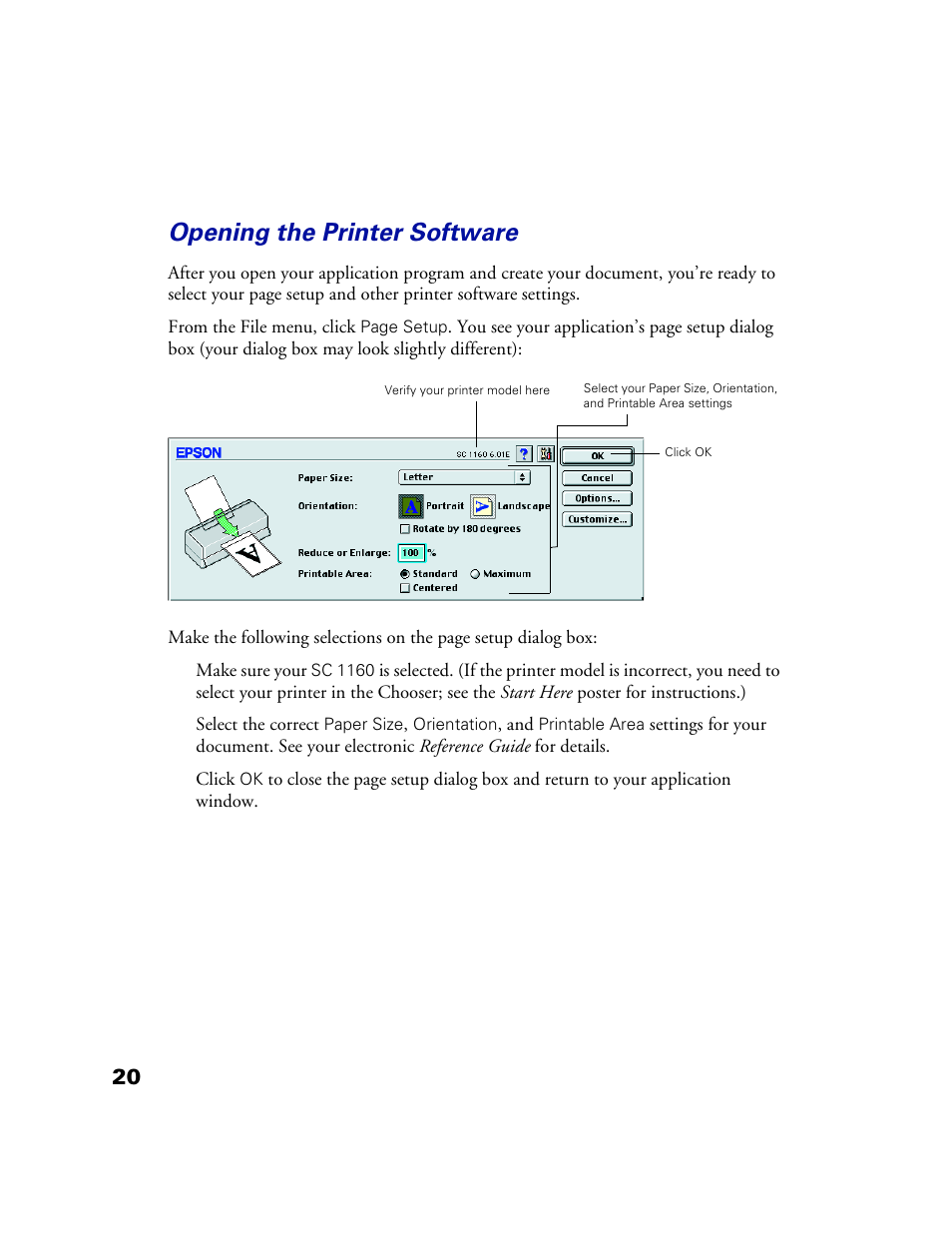 Opening the printer software | Epson 1160 User Manual | Page 25 / 73