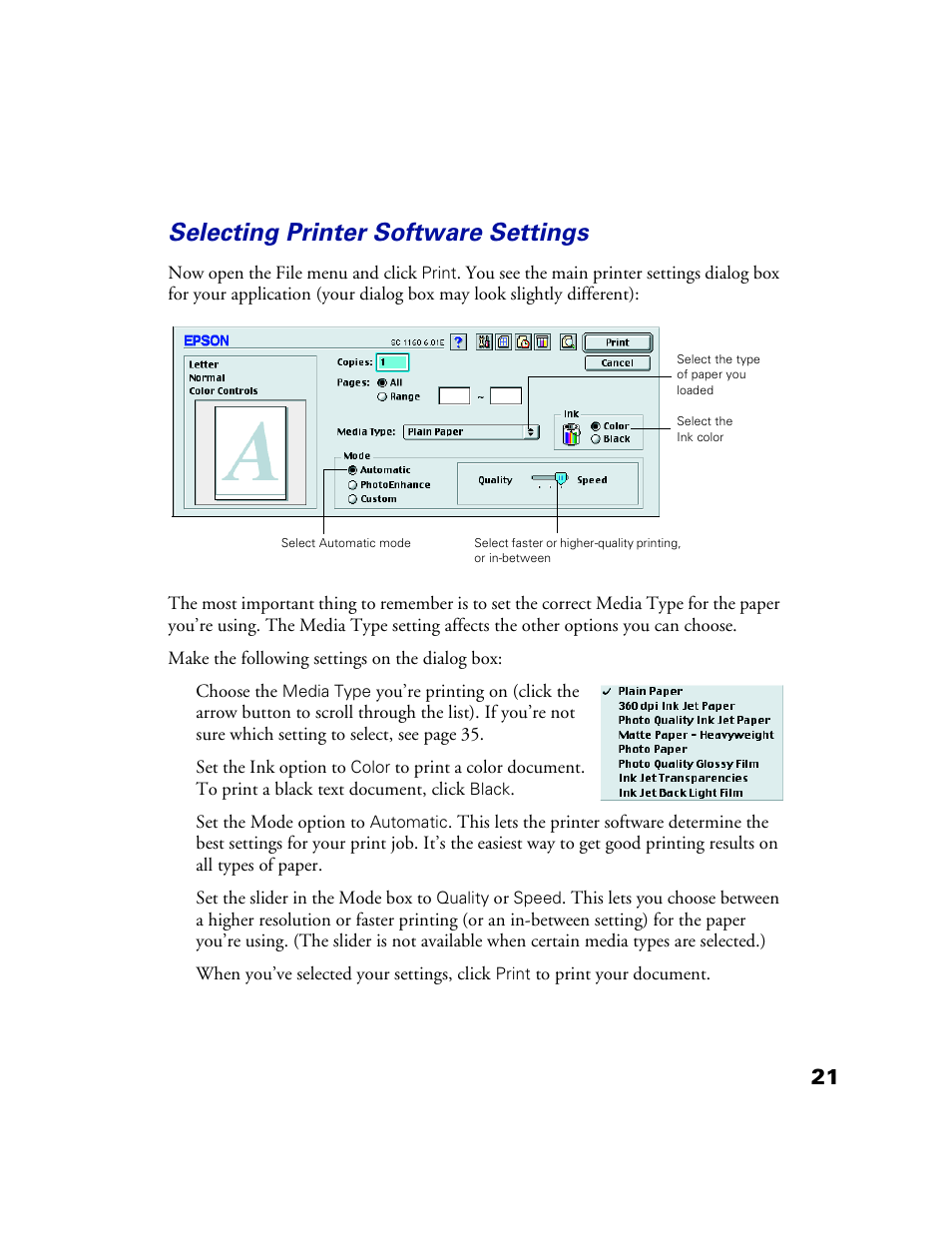 Selecting printer software settings | Epson 1160 User Manual | Page 26 / 73