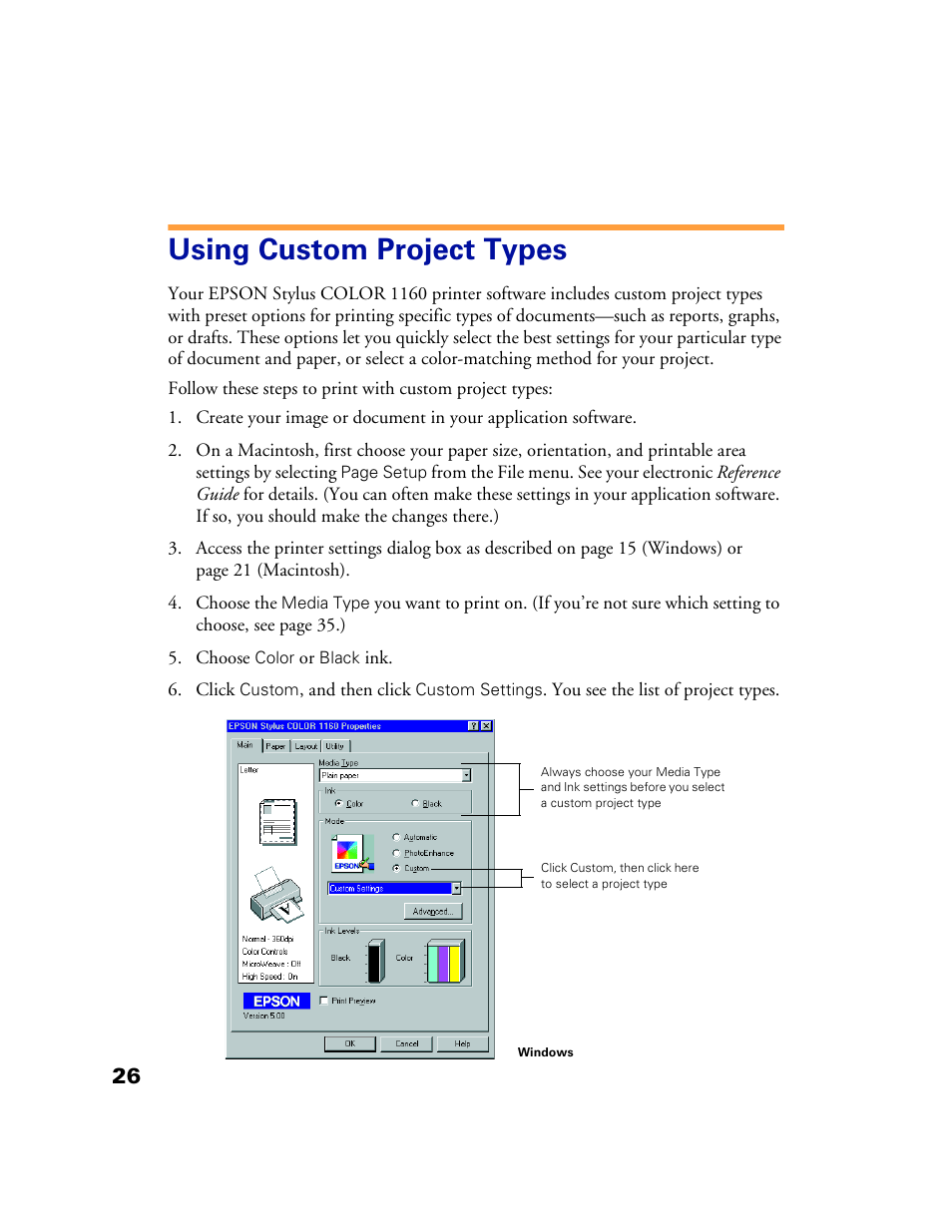 Using custom project types | Epson 1160 User Manual | Page 31 / 73