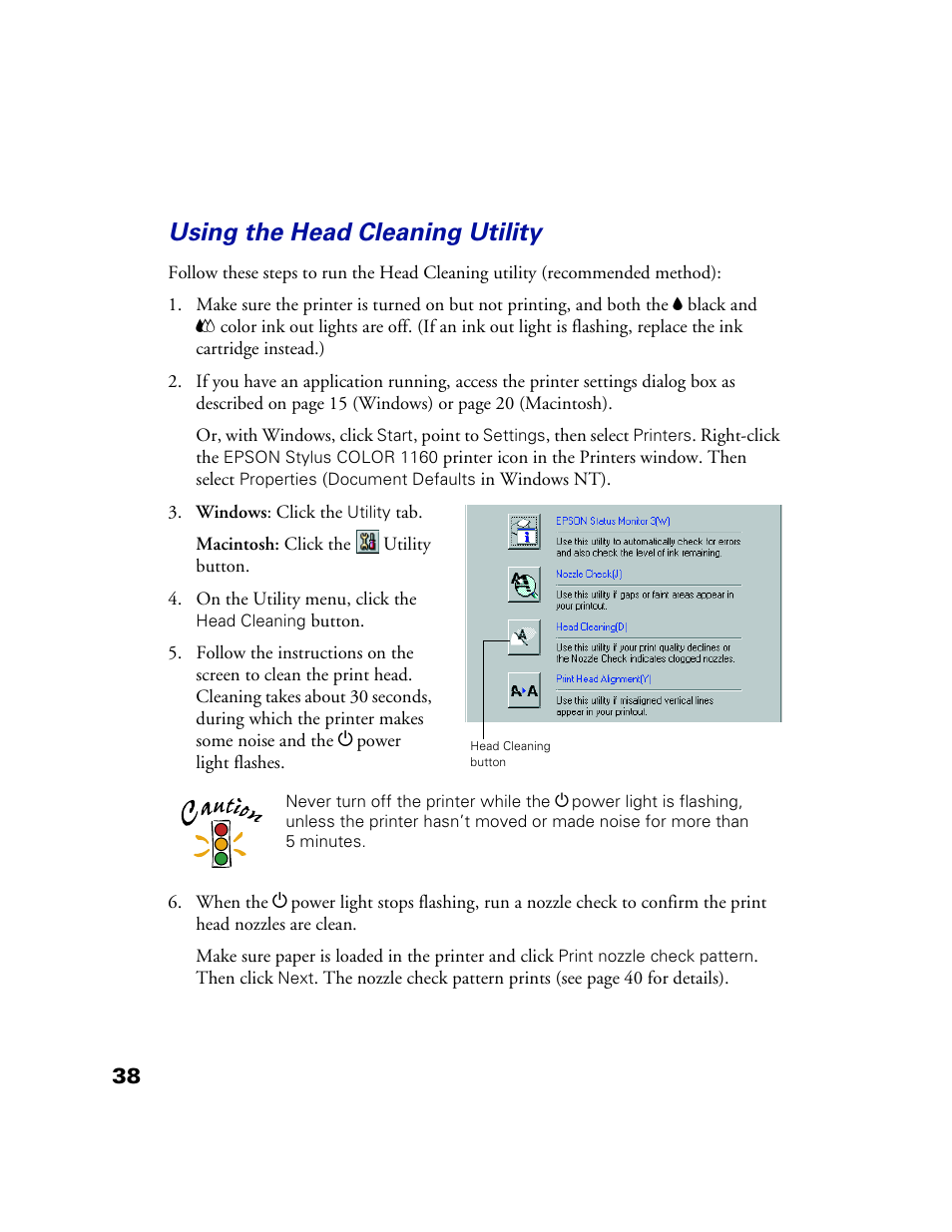 Using the head cleaning utility | Epson 1160 User Manual | Page 43 / 73