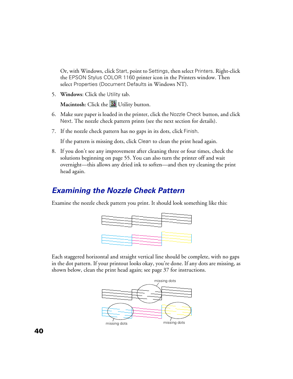 Examining the nozzle check pattern | Epson 1160 User Manual | Page 45 / 73
