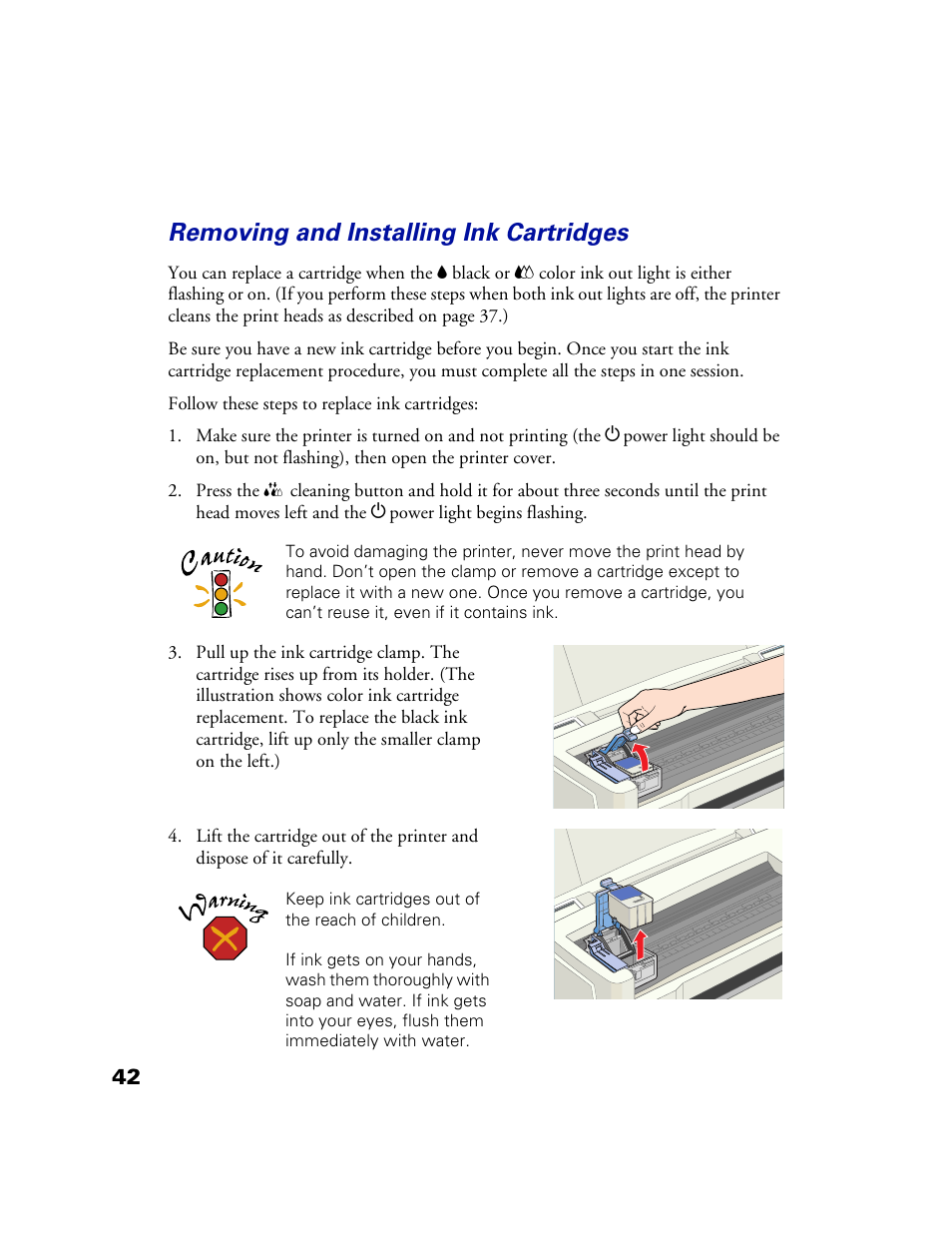 Removing and installing ink cartridges | Epson 1160 User Manual | Page 47 / 73
